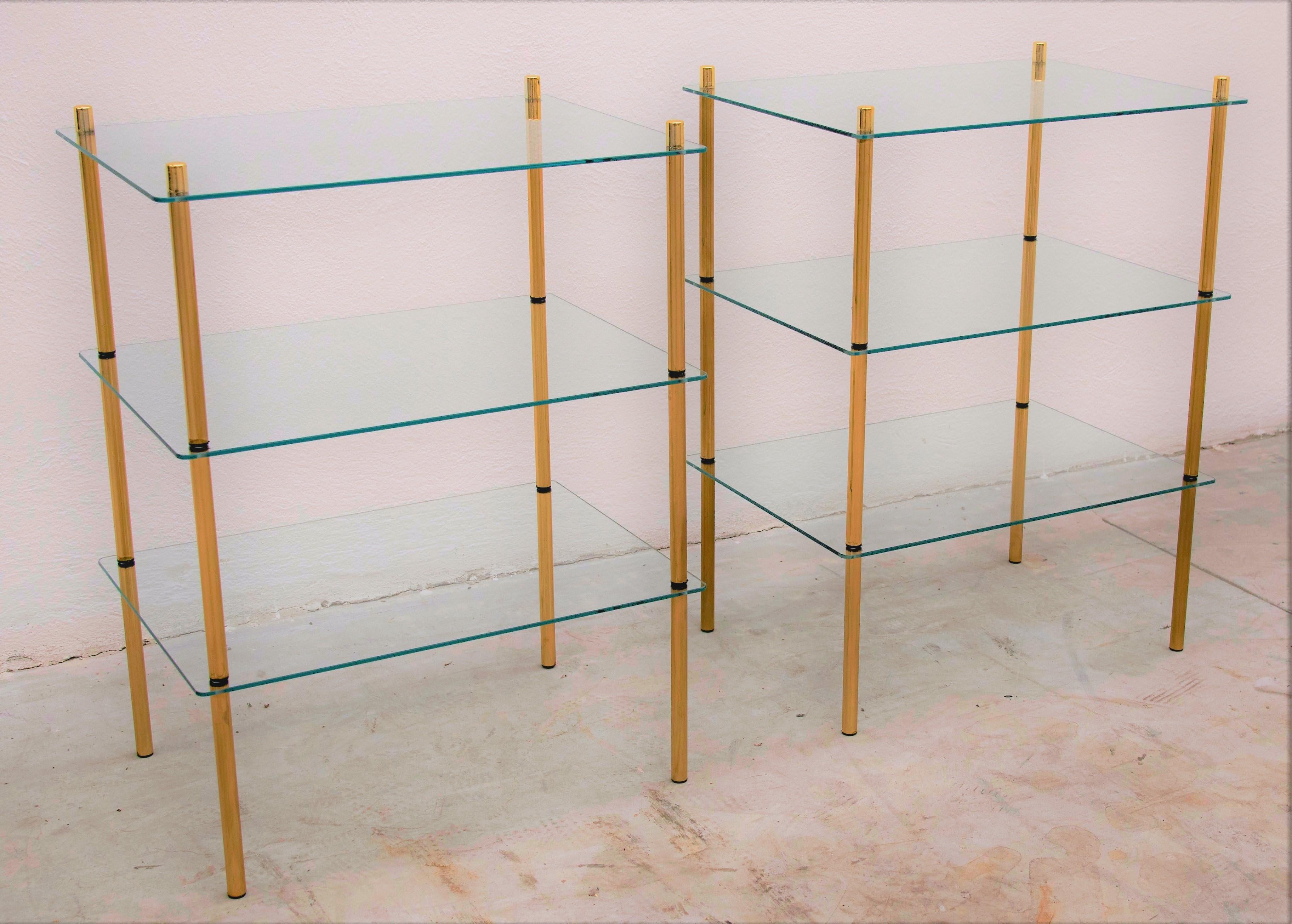 1980s Italian Hollywood Regency Style Brass and Glass Three Shelves Side Tables 1
