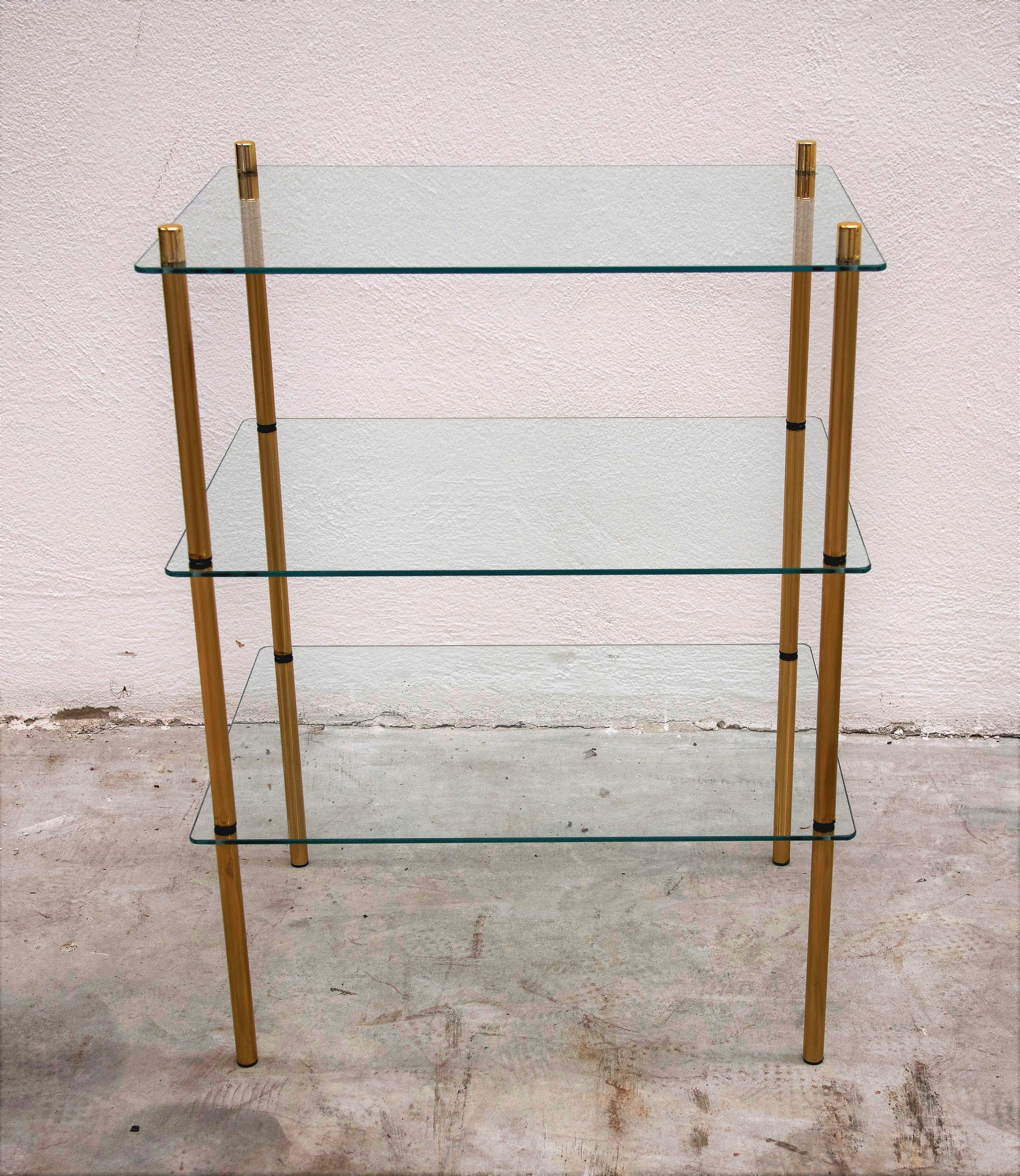 1980s Italian Hollywood Regency Style Brass and Glass Three Shelves Side Tables 2