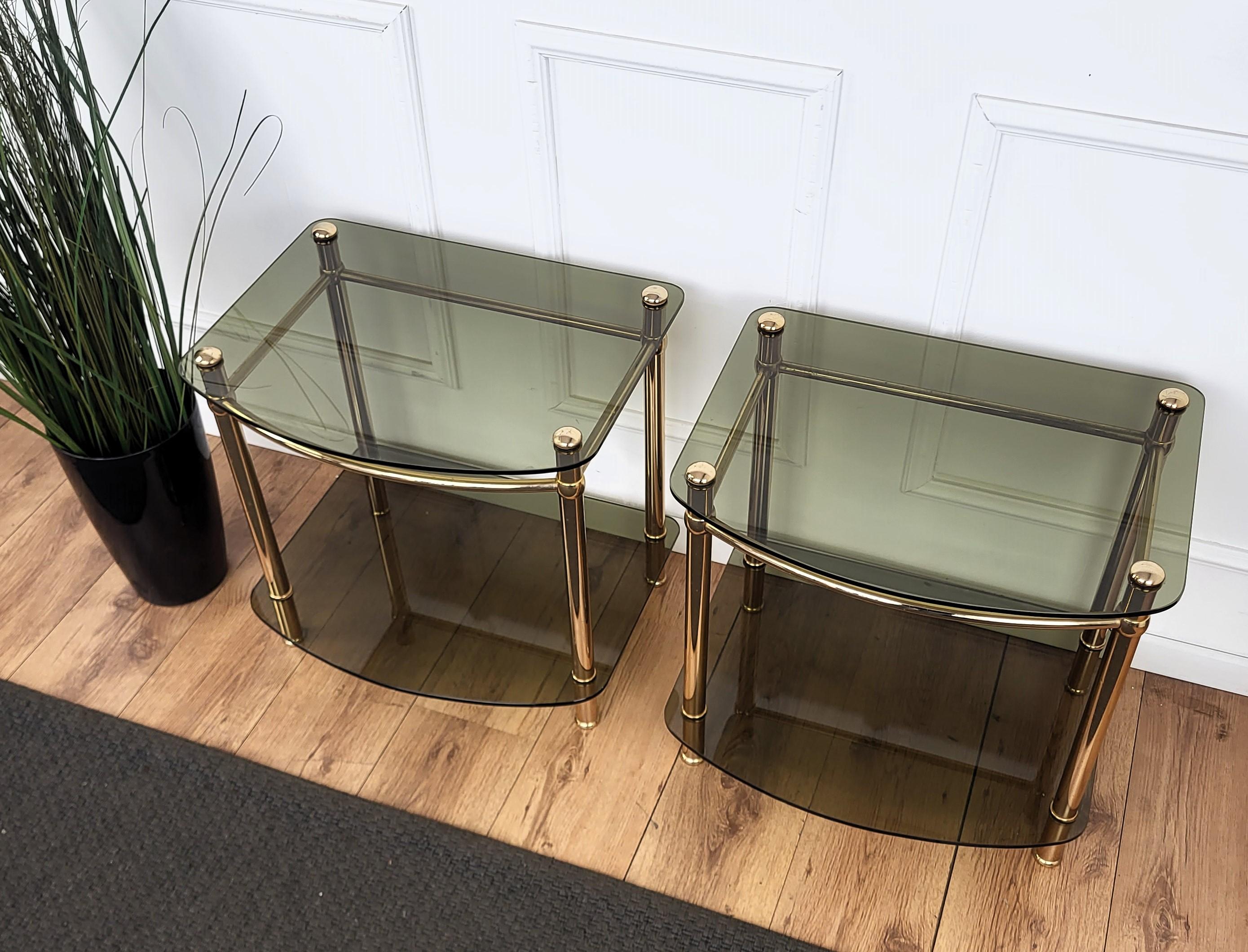 1980s Italian Hollywood Regency Style Brass and Glass Two Shelves Side Tables For Sale 1