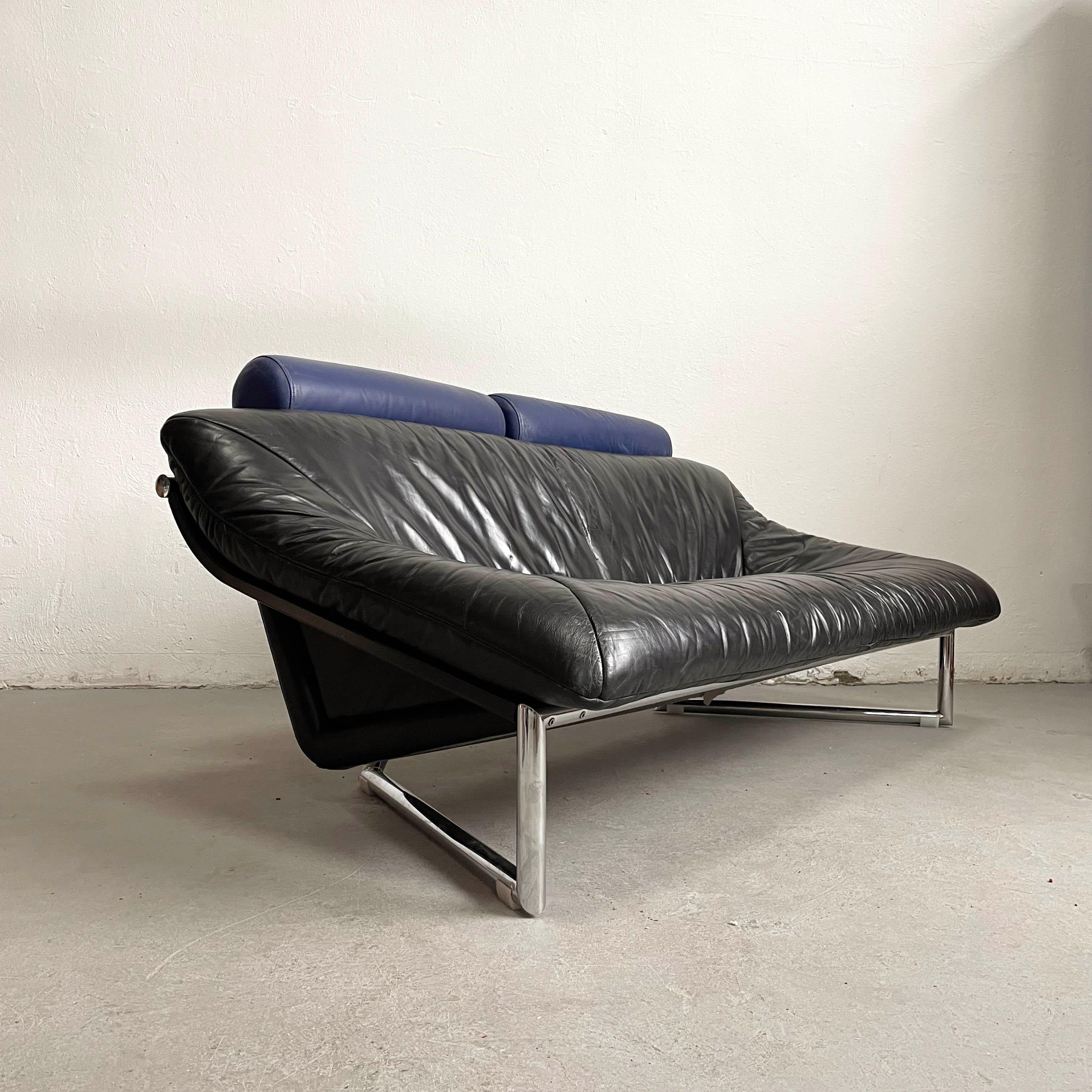 Post-Modern 1980's, Italian Leather and Chrome Sofa, Adjustable Headrests, Postmodern Design