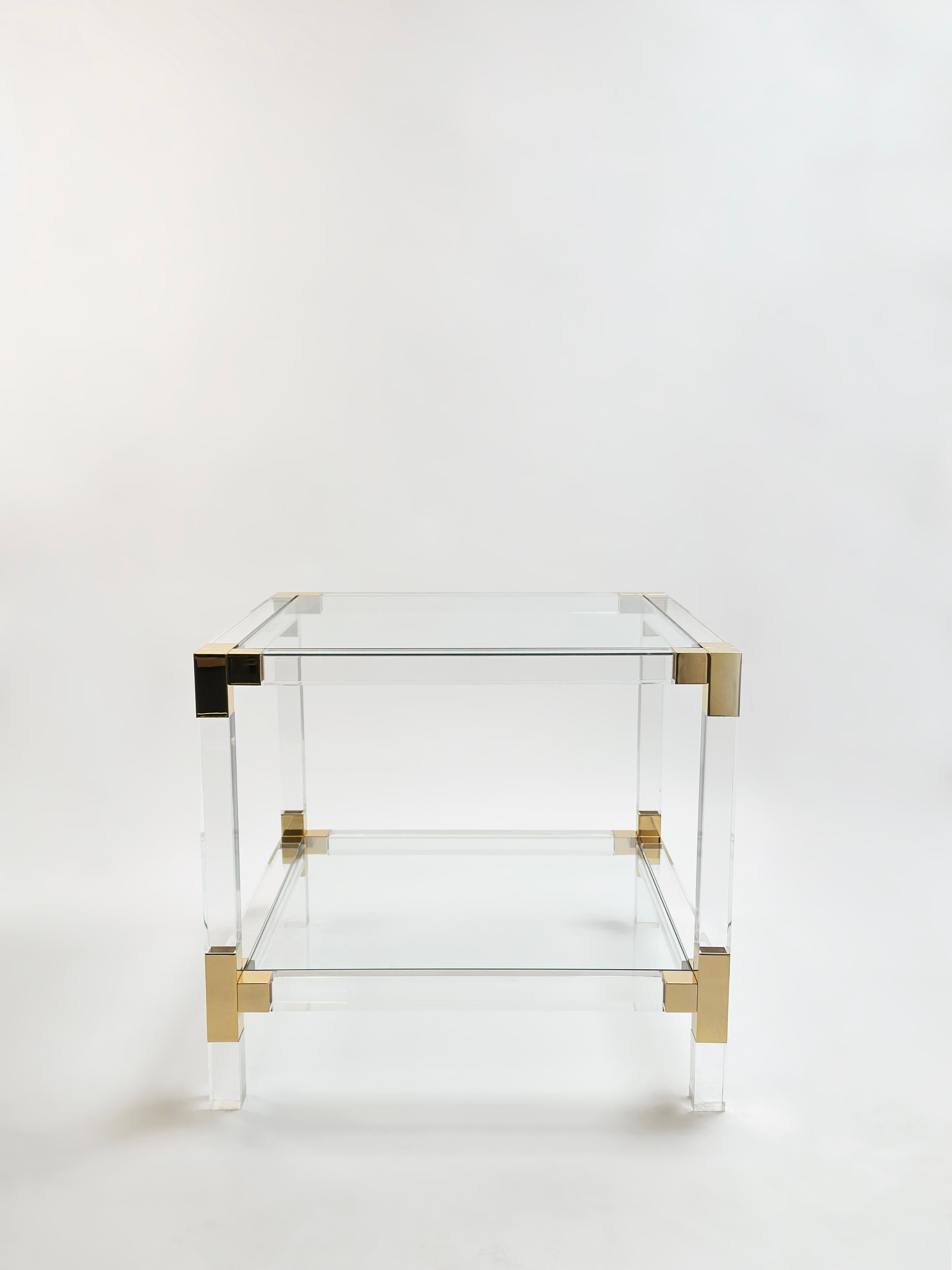 Hollywood Regency 1980s Italian Lucite and Gold-Plated Square Side Table For Sale