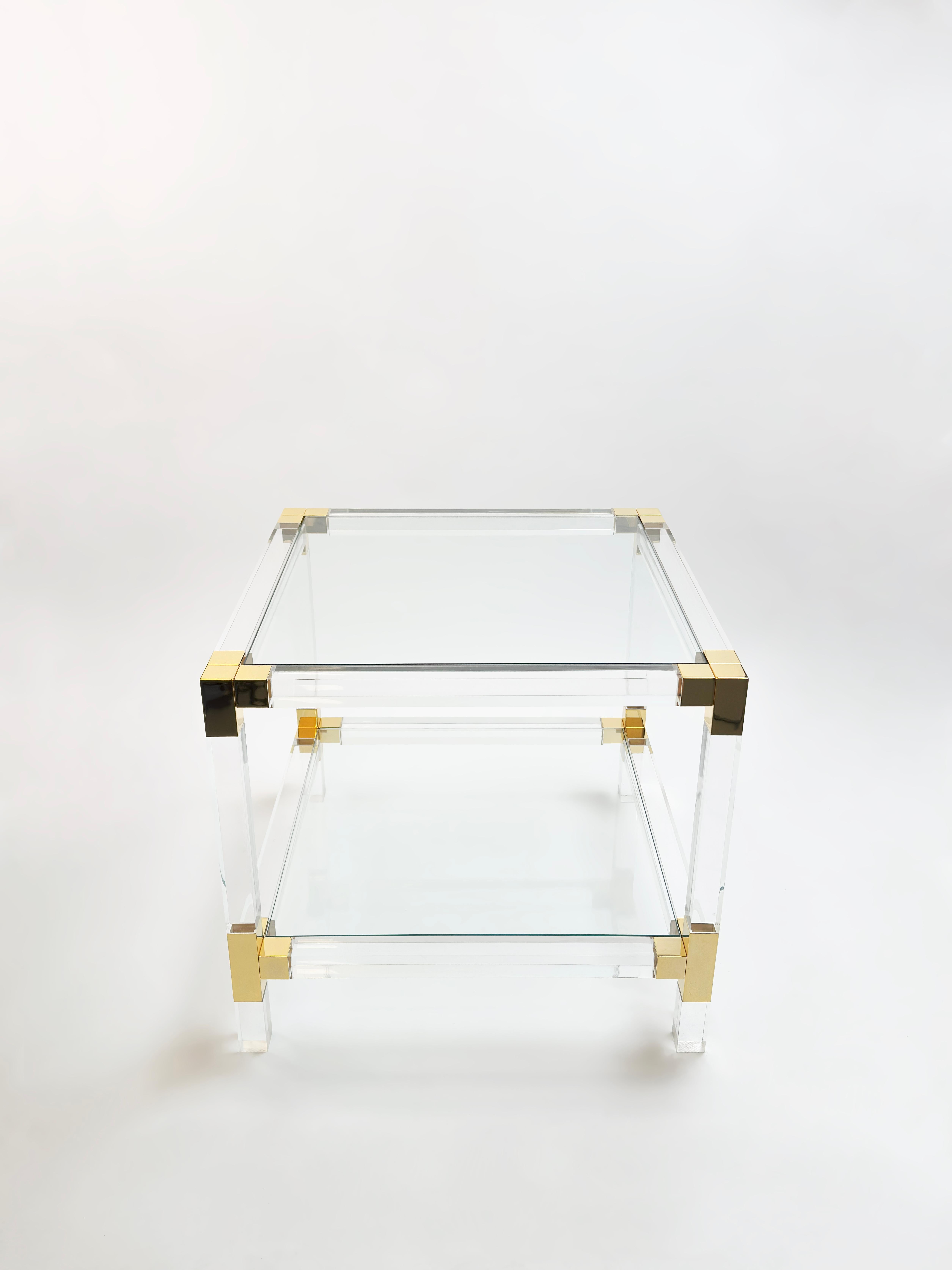 Late 20th Century 1980s Italian Lucite and Gold-Plated Square Side Table For Sale