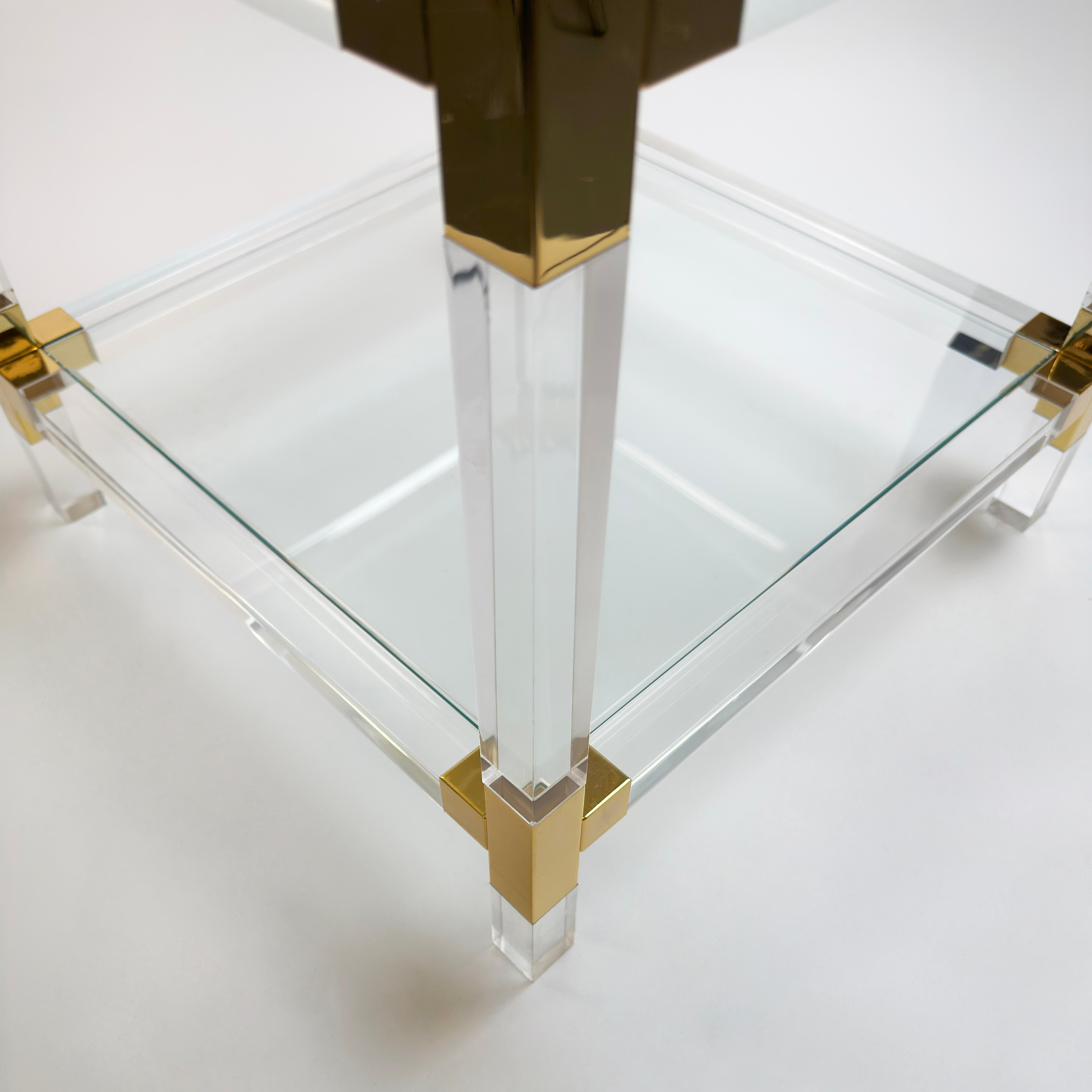 Brass 1980s Italian Lucite and Gold-Plated Square Side Table For Sale