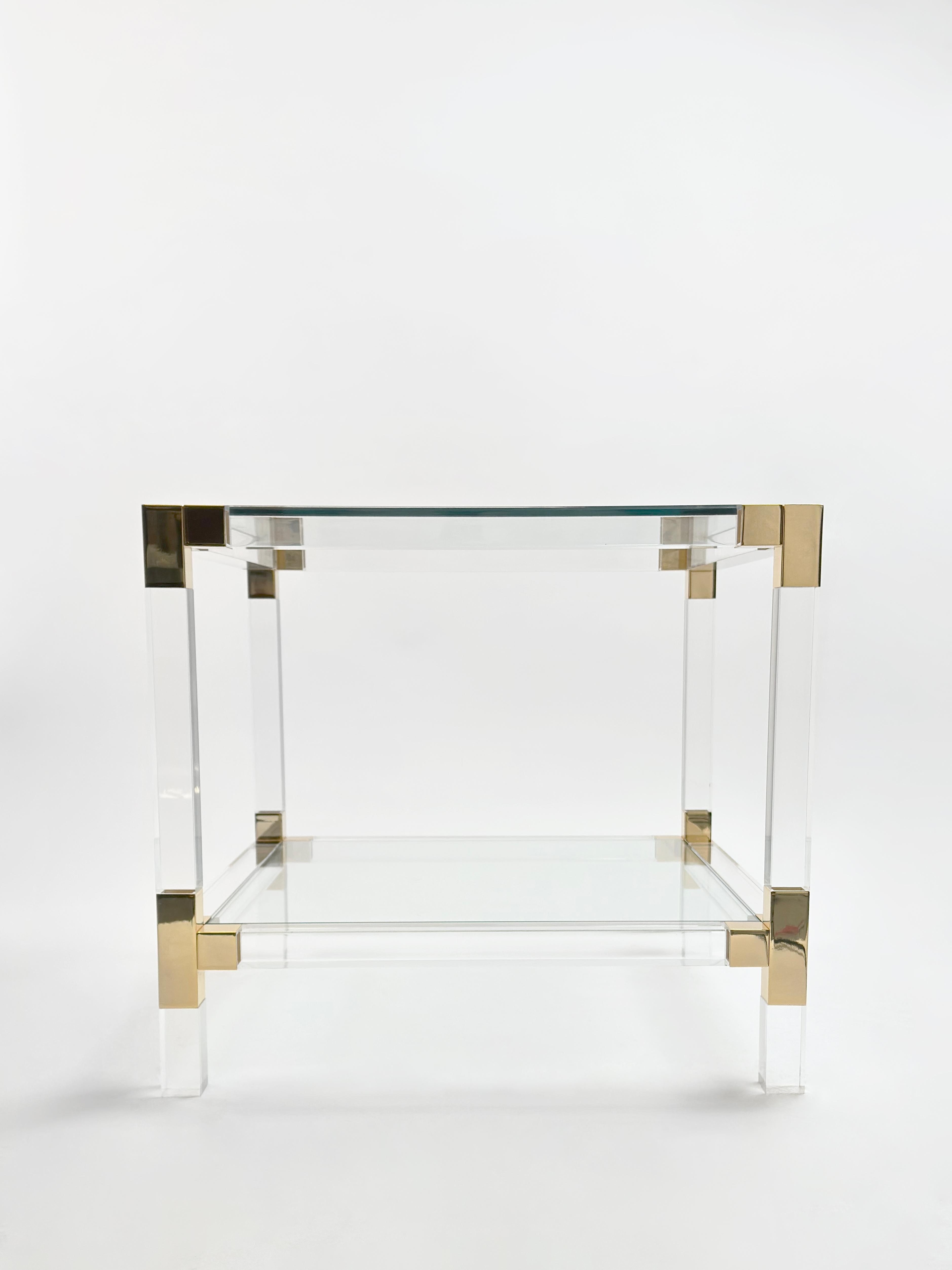 1980s Italian Lucite and Gold-Plated Square Side Table For Sale 1