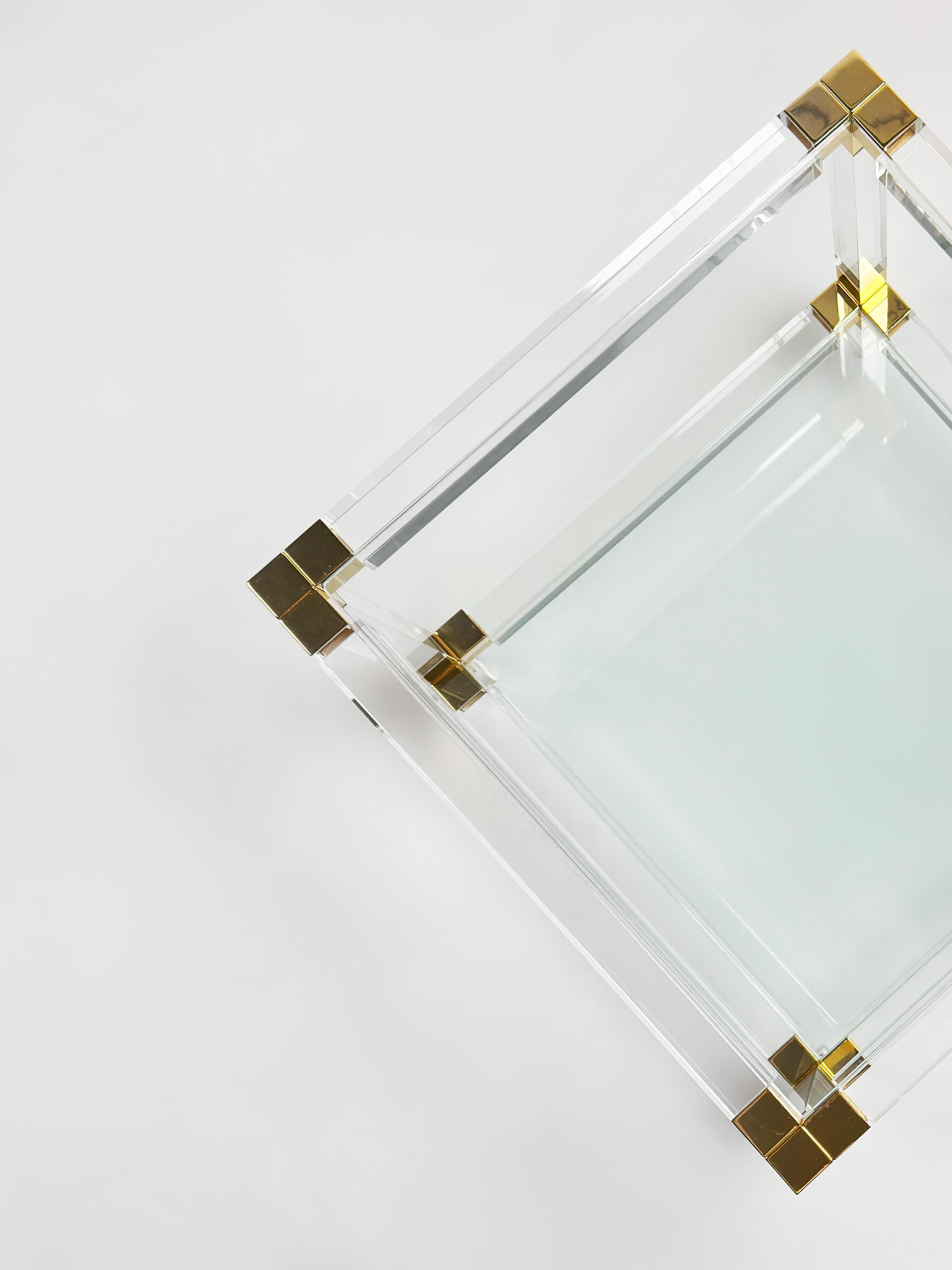 1980s Italian Lucite and Gold-Plated Square Side Table For Sale 2