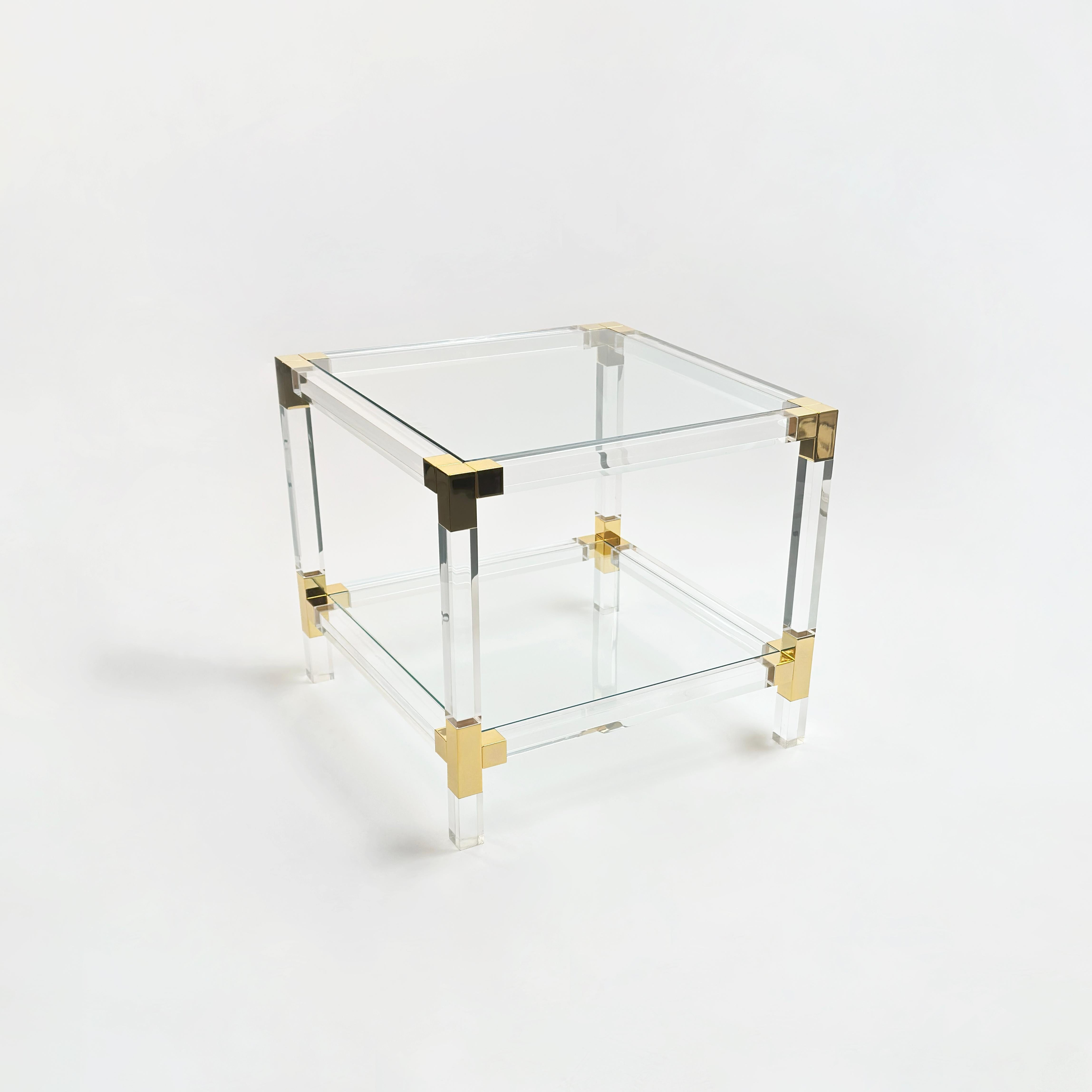1980s Italian Lucite and Gold-Plated Square Side Table For Sale 3