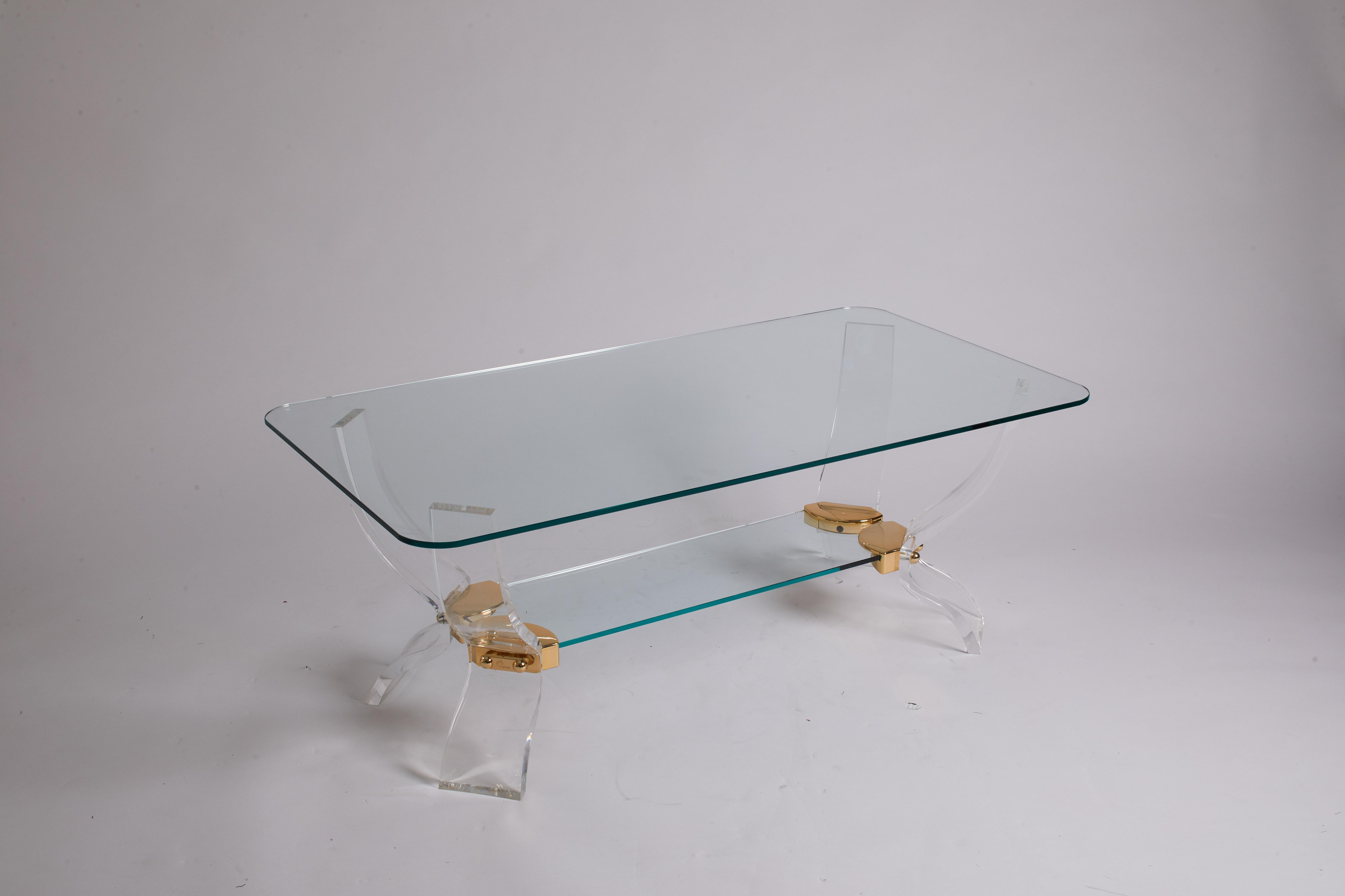 1980s Italian Lucite, Glass and Brass Cocktail Table In Good Condition In Aspen, CO
