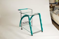 1980s Italian Memphis Design Green Lacquer/ Glass/ Black Metal Bar Cart
