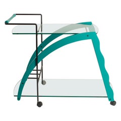 1980s Italian Memphis Design Green Lacquer/ Glass/ Black Metal Bar Cart