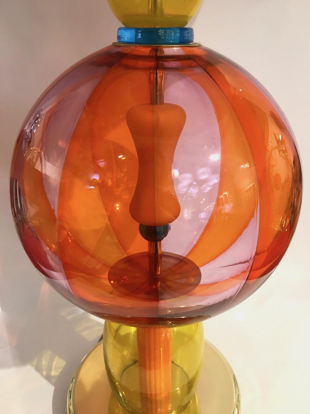 Frosted 1980s Italian Memphis Inspired Orange Yellow Murano Glass Postmodern Lamp
