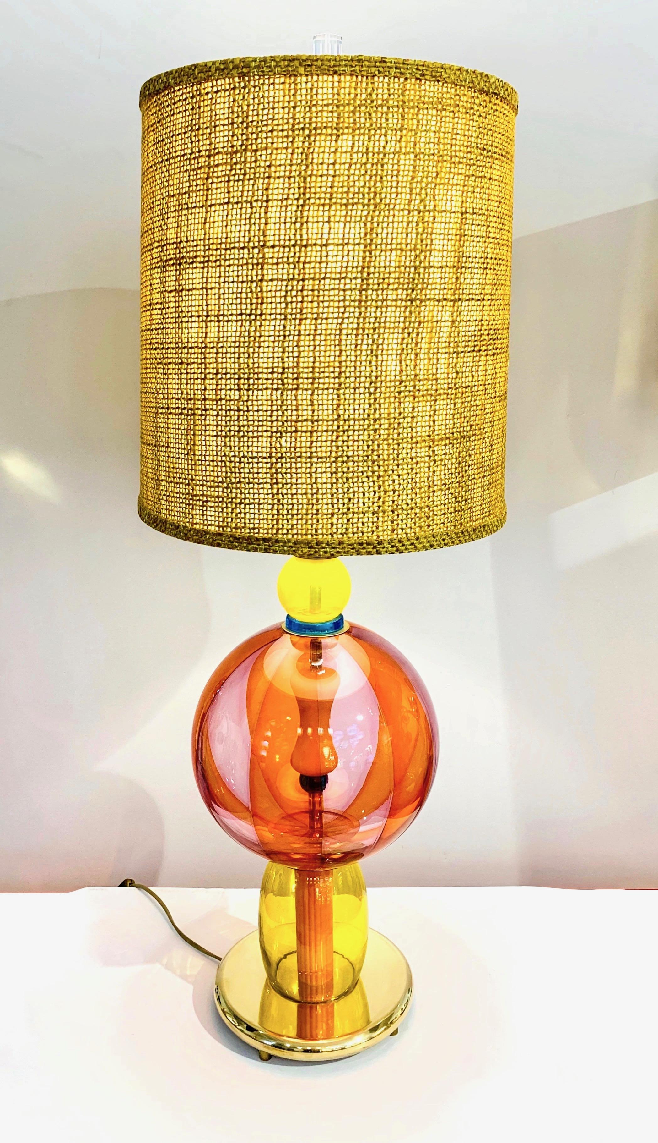 1980s Italian Memphis Inspired Orange Yellow Murano Glass Postmodern Lamp 1