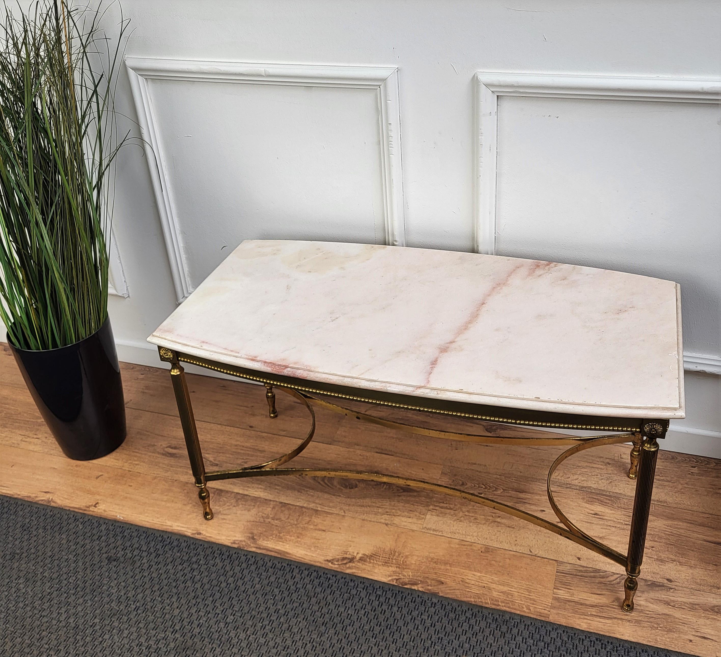 20th Century 1980s Italian Mid-Century Hollywood Regency Brass and Marble Side Coffee Table For Sale