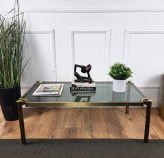 1980s Italian Mid-Century Regency Neoclassical Brass Smoked Glass Coffee Table