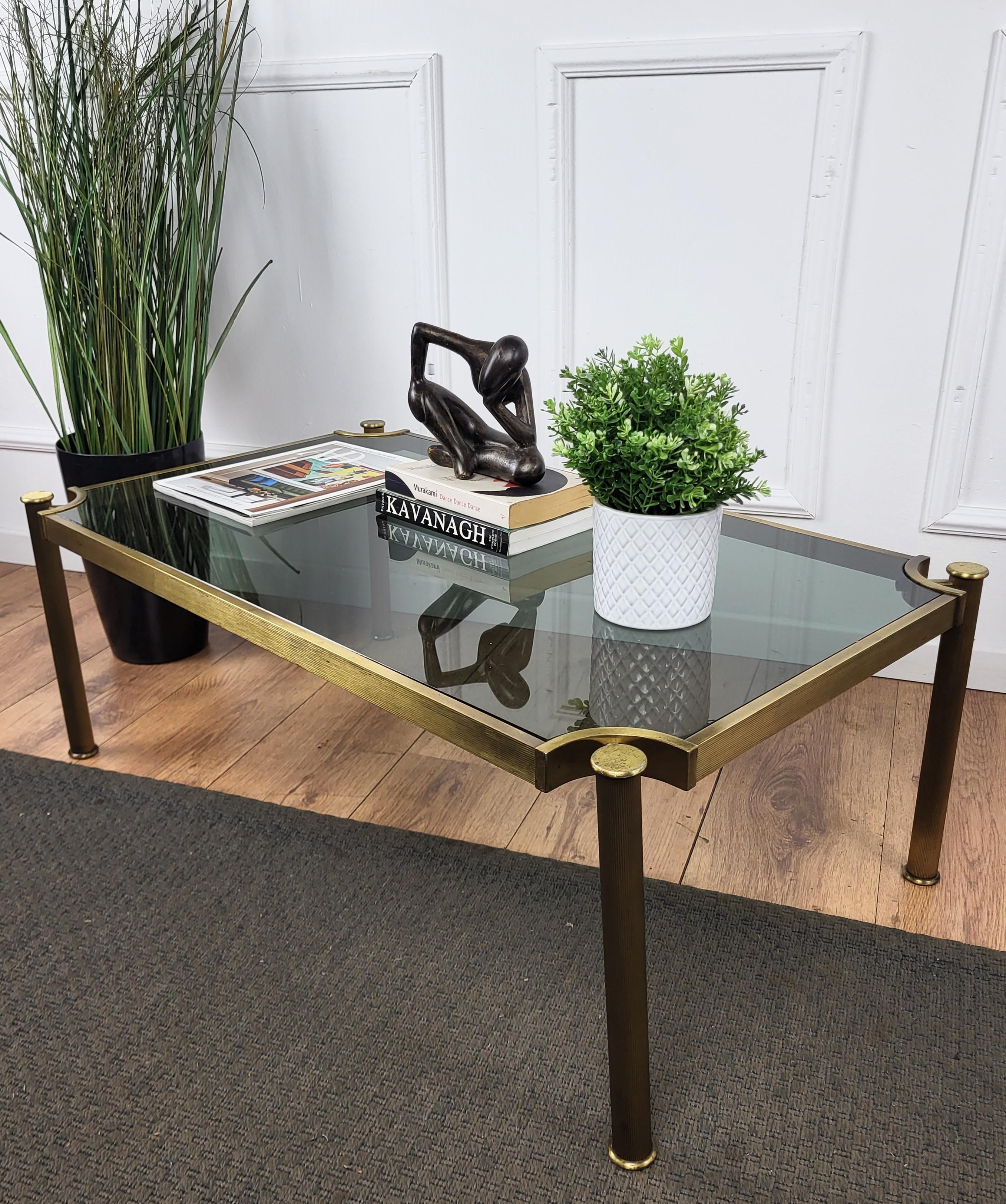 1980s Italian Mid-Century Regency Neoclassical Brass Smoked Glass Coffee Table In Good Condition For Sale In Carimate, Como