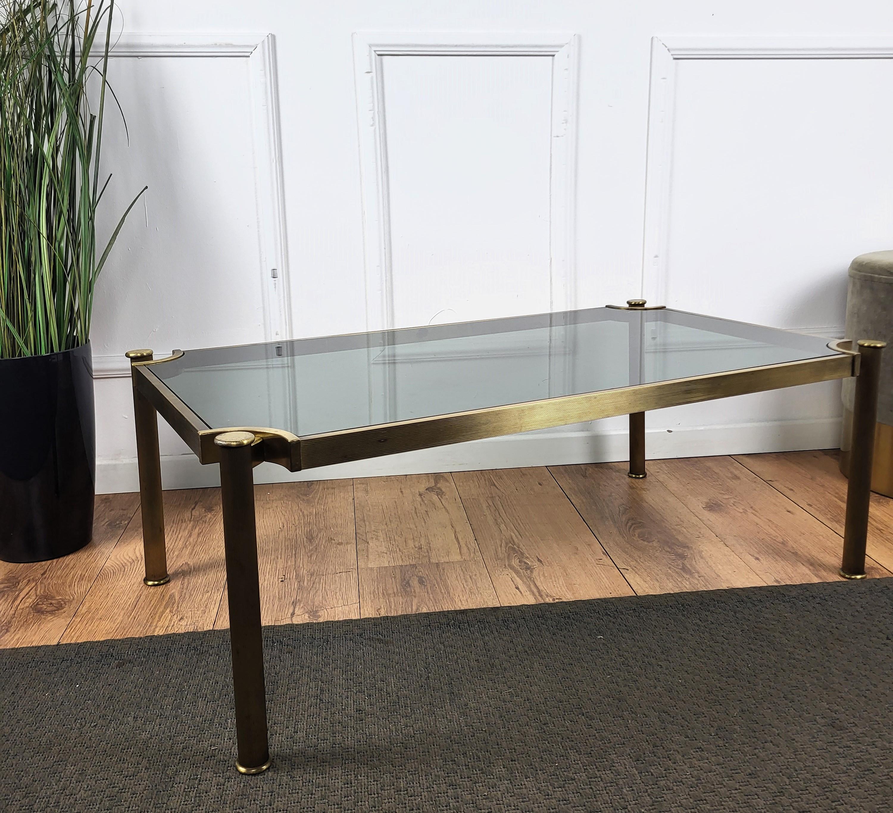 20th Century 1980s Italian Mid-Century Regency Neoclassical Brass Smoked Glass Coffee Table For Sale