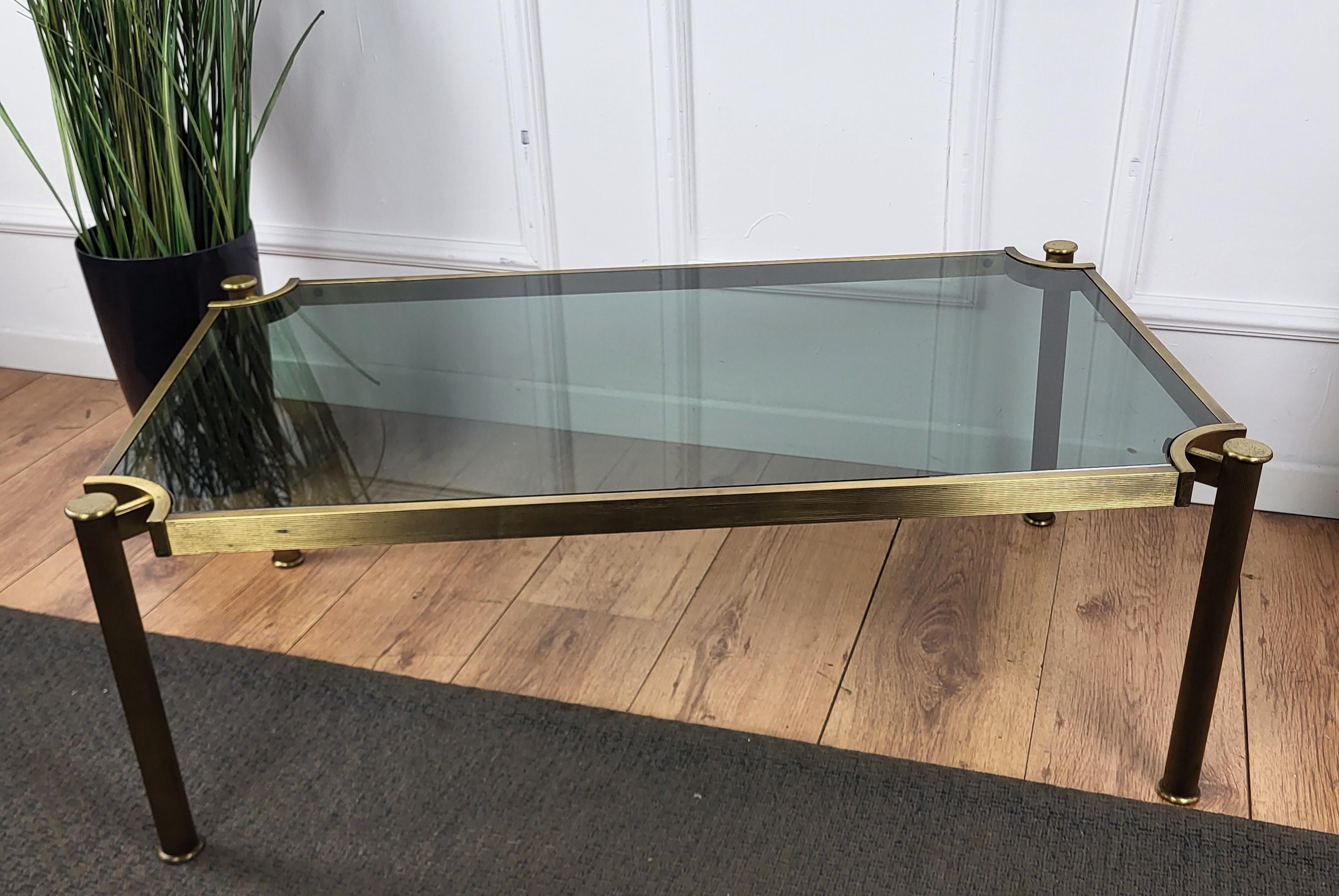 1980s Italian Mid-Century Regency Neoclassical Brass Smoked Glass Coffee Table For Sale 1