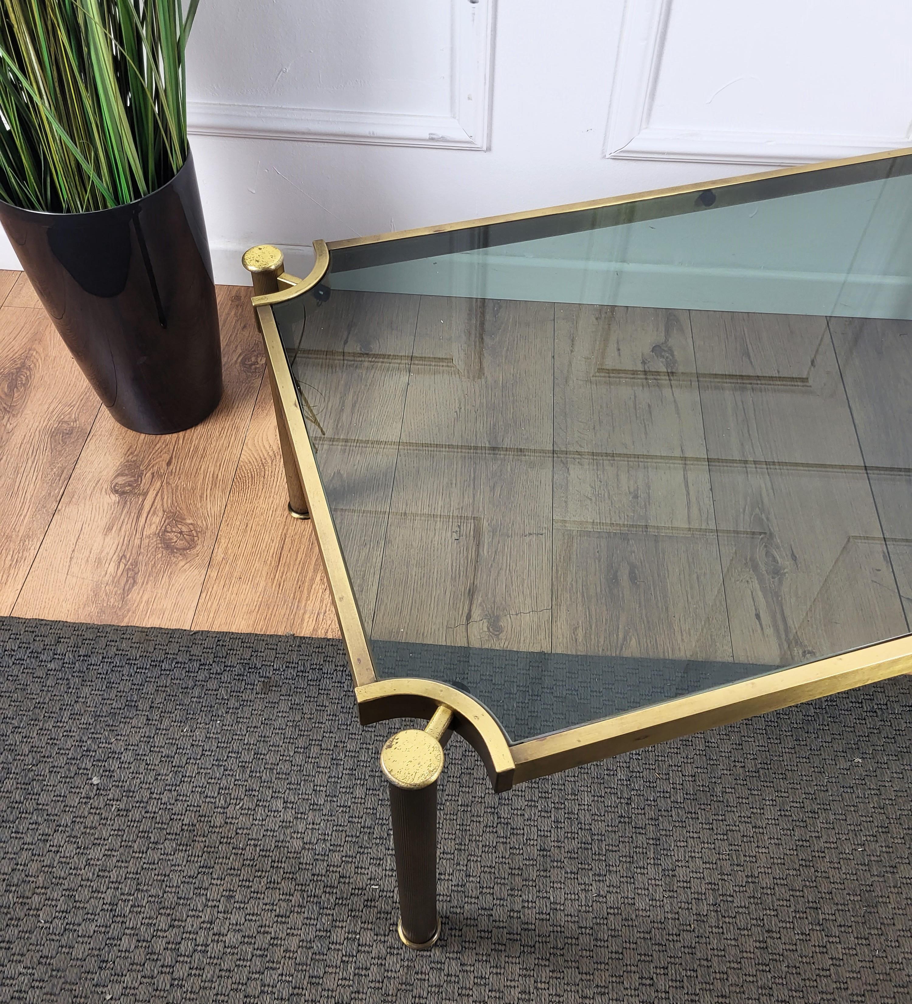 1980s Italian Mid-Century Regency Neoclassical Brass Smoked Glass Coffee Table For Sale 3