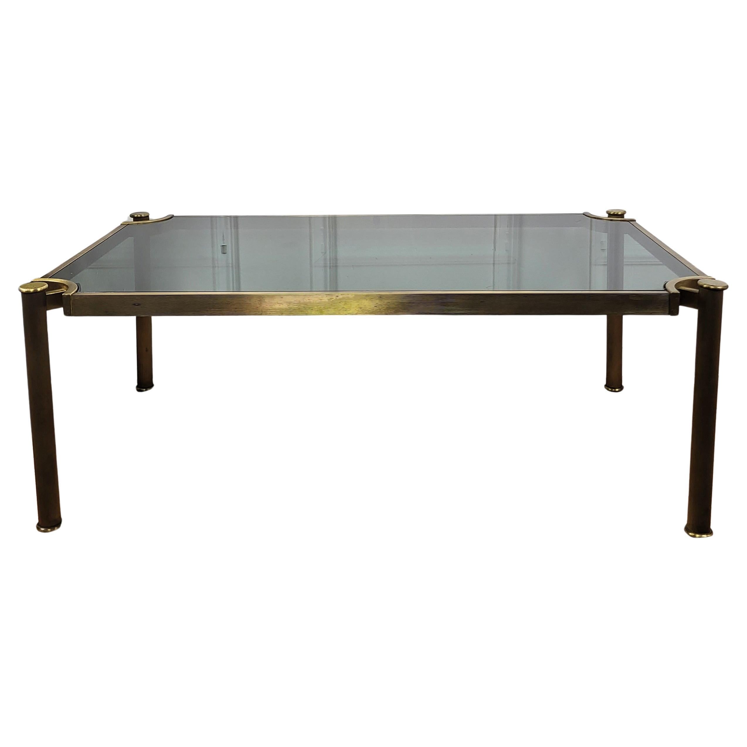 1980s Italian Mid-Century Regency Neoclassical Brass Smoked Glass Coffee Table For Sale