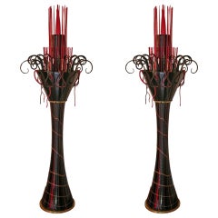 1980s Italian Modern Black and Red Murano Glass Pair of Fountain Floor Lamps