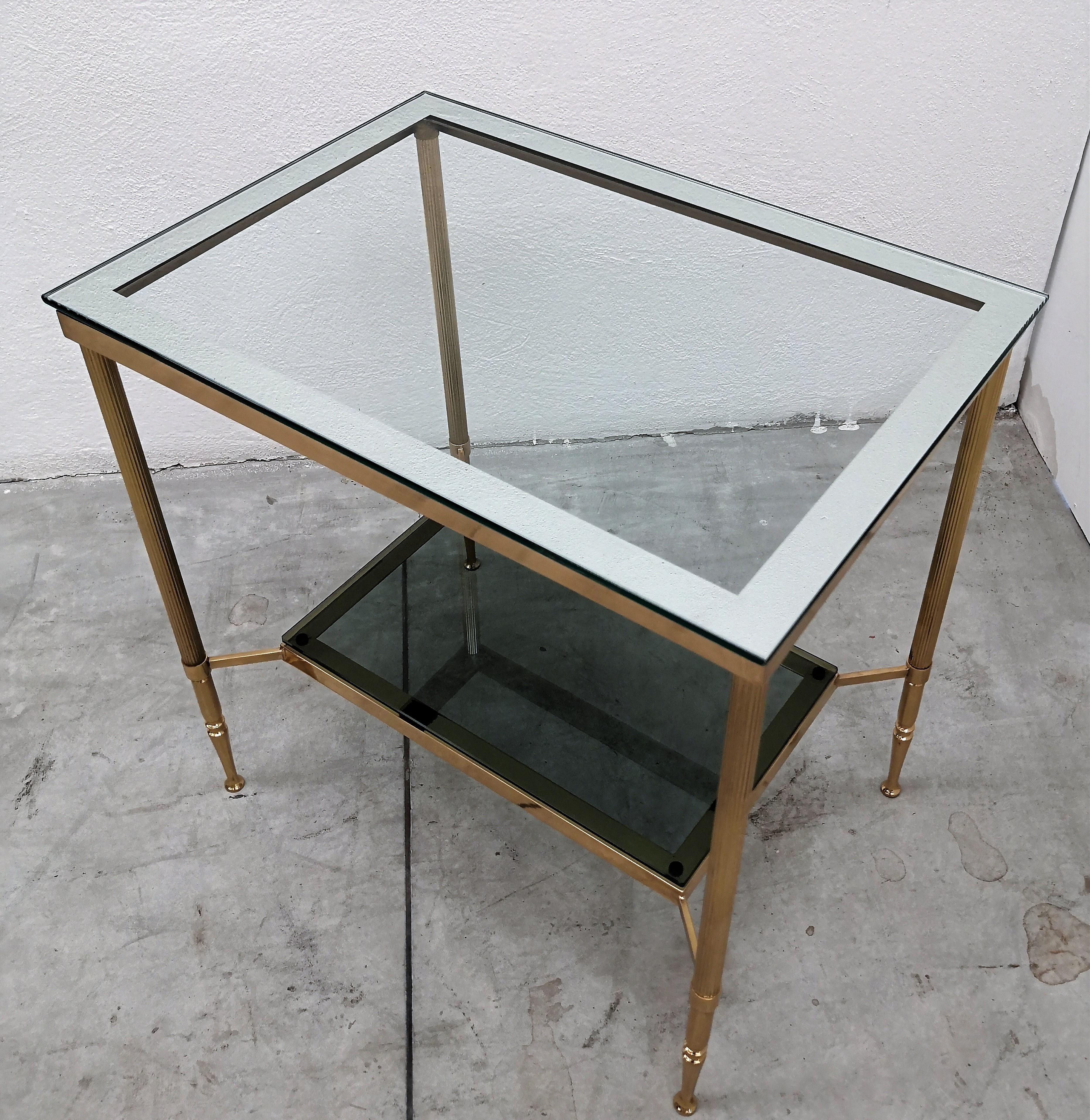 Hollywood Regency 1980s Italian Modern Regency Neoclassical Brass and Mirror Glass Two-Tier Table