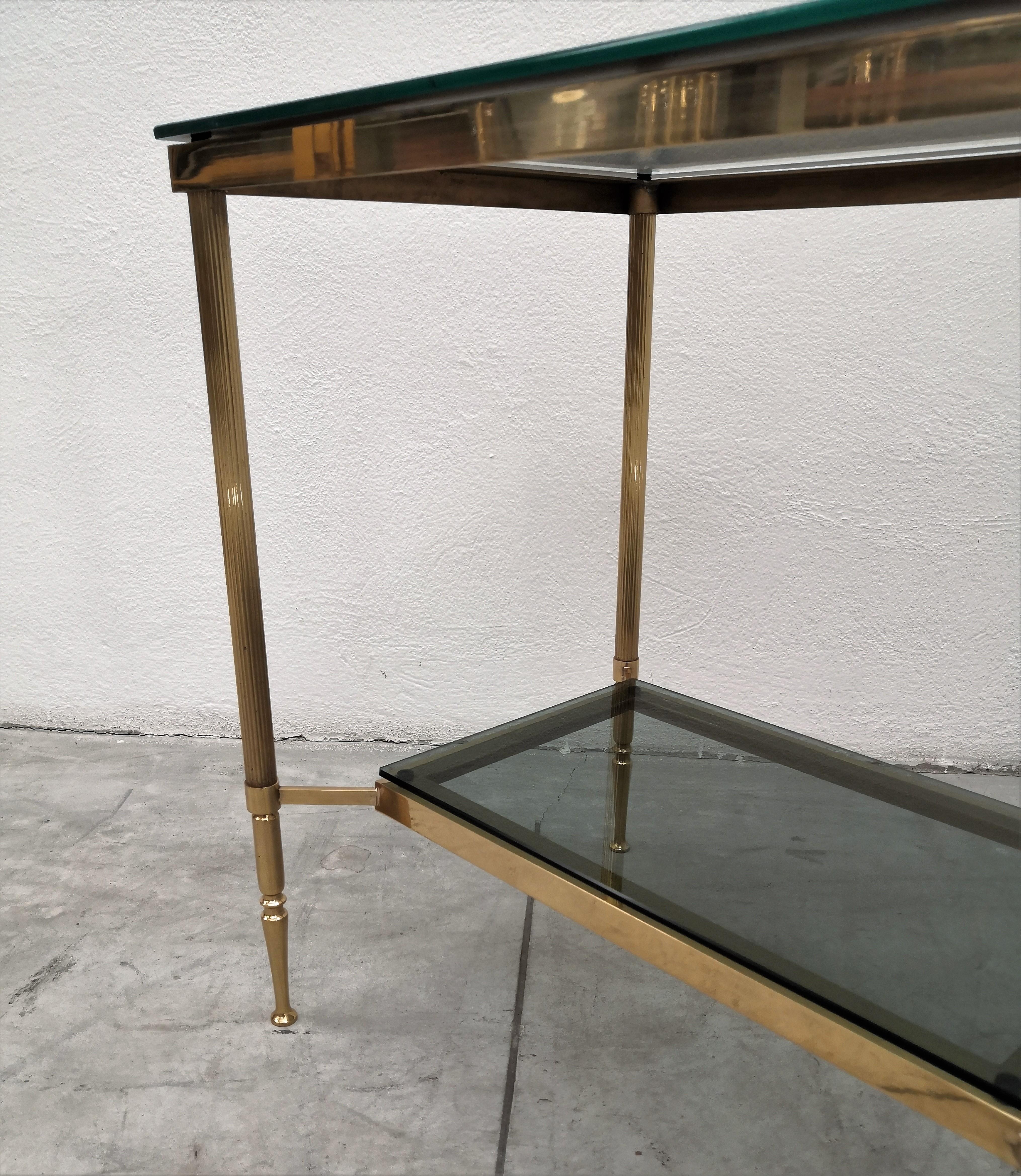 20th Century 1980s Italian Modern Regency Neoclassical Brass and Mirror Glass Two-Tier Table