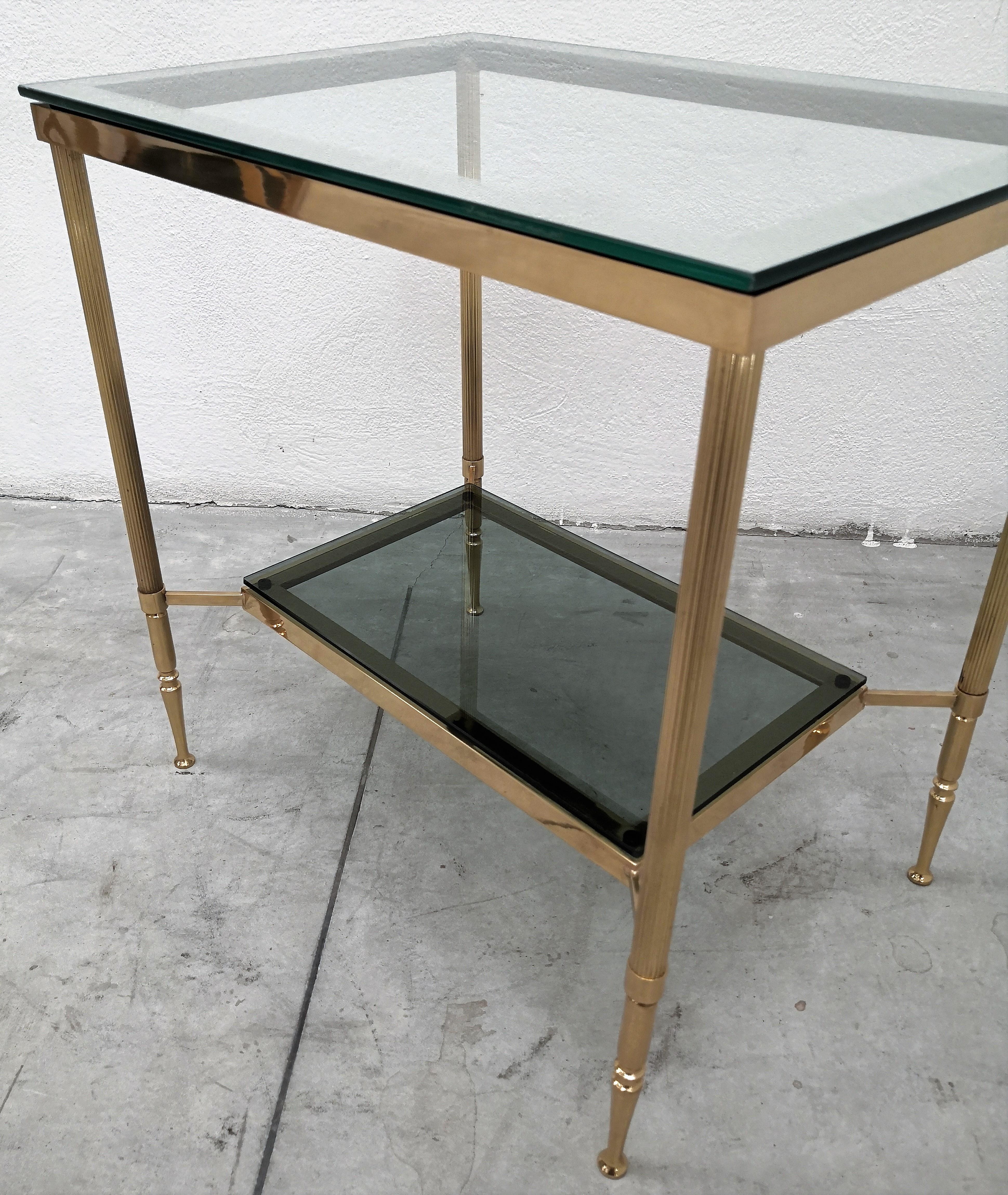 1980s Italian Modern Regency Neoclassical Brass and Mirror Glass Two-Tier Table 1