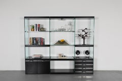 1980s Italian Modular Shelving Unit, Black Lacquer, Glass, iGuzzini Lamp