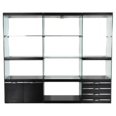 1980s Italian Modular Shelving Unit, Black Lacquer, Glass, iGuzzini Lamp