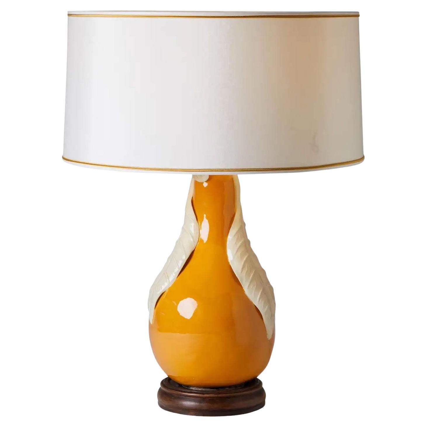 1980s Italian Murano Glass Amber Pear Lamp with Custom White Lampshade For Sale