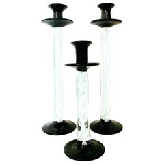 1980s Italian Murano Glass Black and White Swirl Candlestick Set of Three