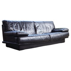 1980s Italian Nicoletti Salotti Postmodern Plinth Base Black Leather Sofa