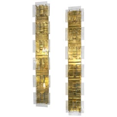 1980s Italian Pair of Modern Aqua Tint Glass Gold Brass Tall Sconces/Flushmounts