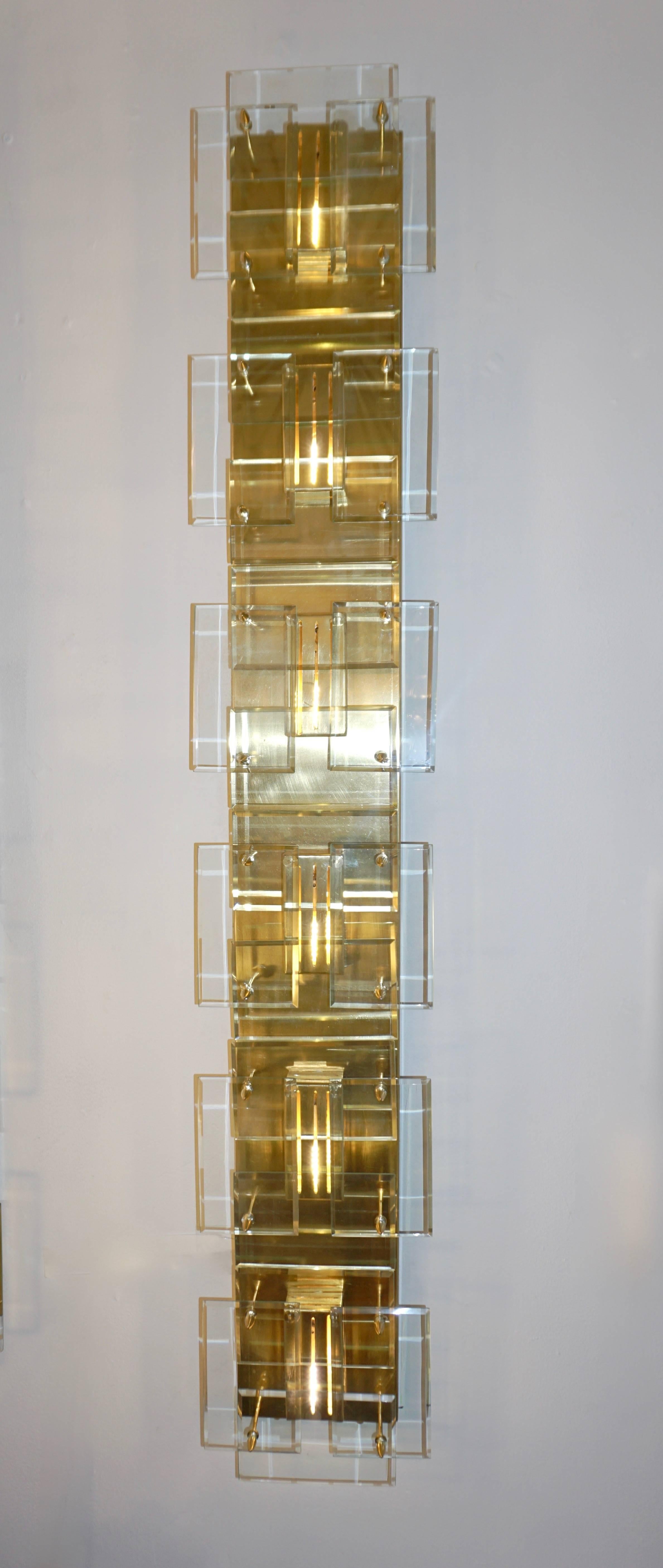 1980s Italian Pair of Modern Aqua Tint Glass Gold Brass Tall Sconces/Flushmounts 5