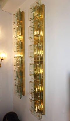1980s Italian Pair of Modern Aqua Tint Glass Gold Brass Tall Sconces/Flushmounts