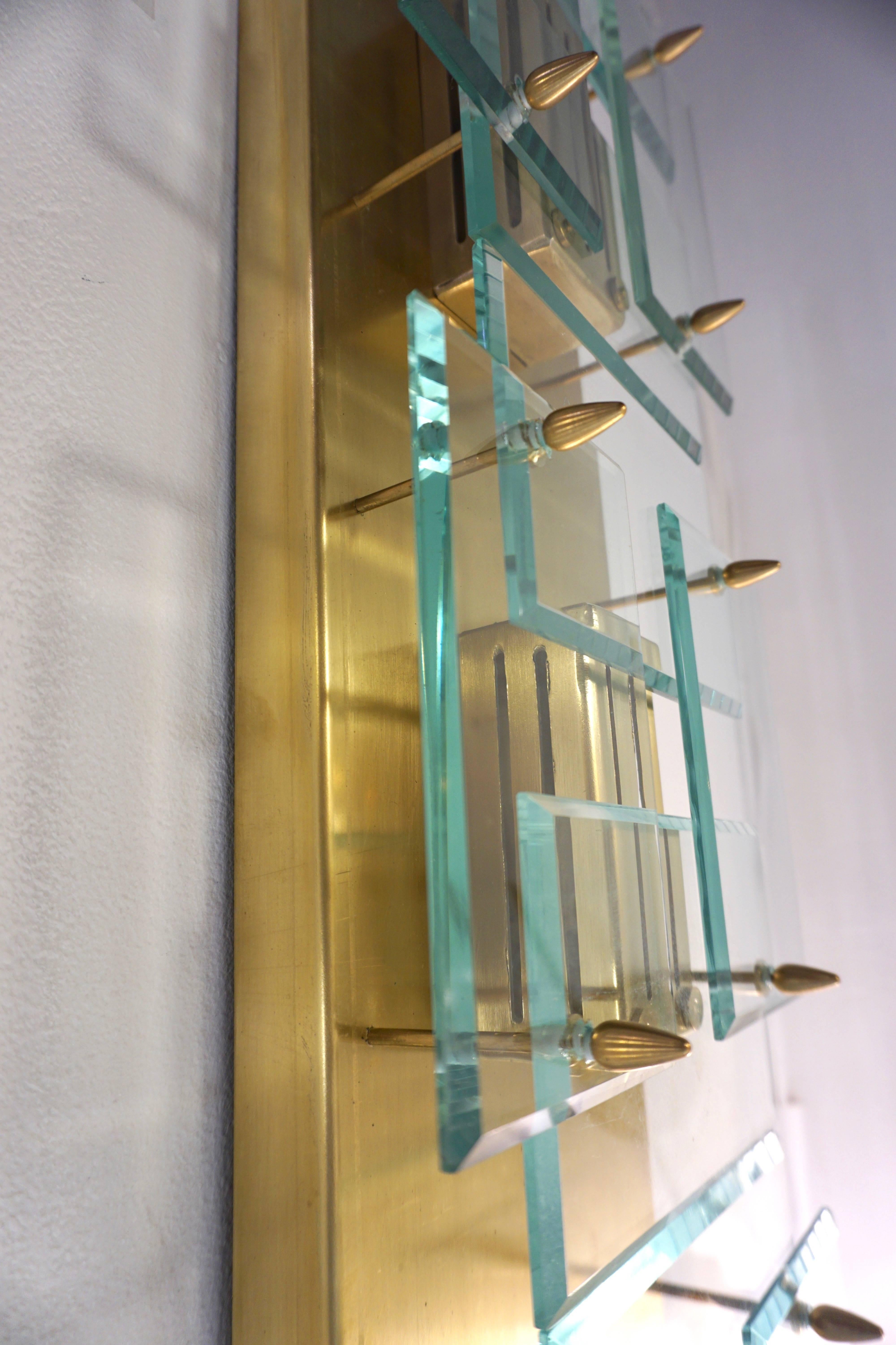 Hand-Crafted 1980s Italian Pair of Modern Aqua Tint Glass Gold Brass Tall Sconces/Flushmounts