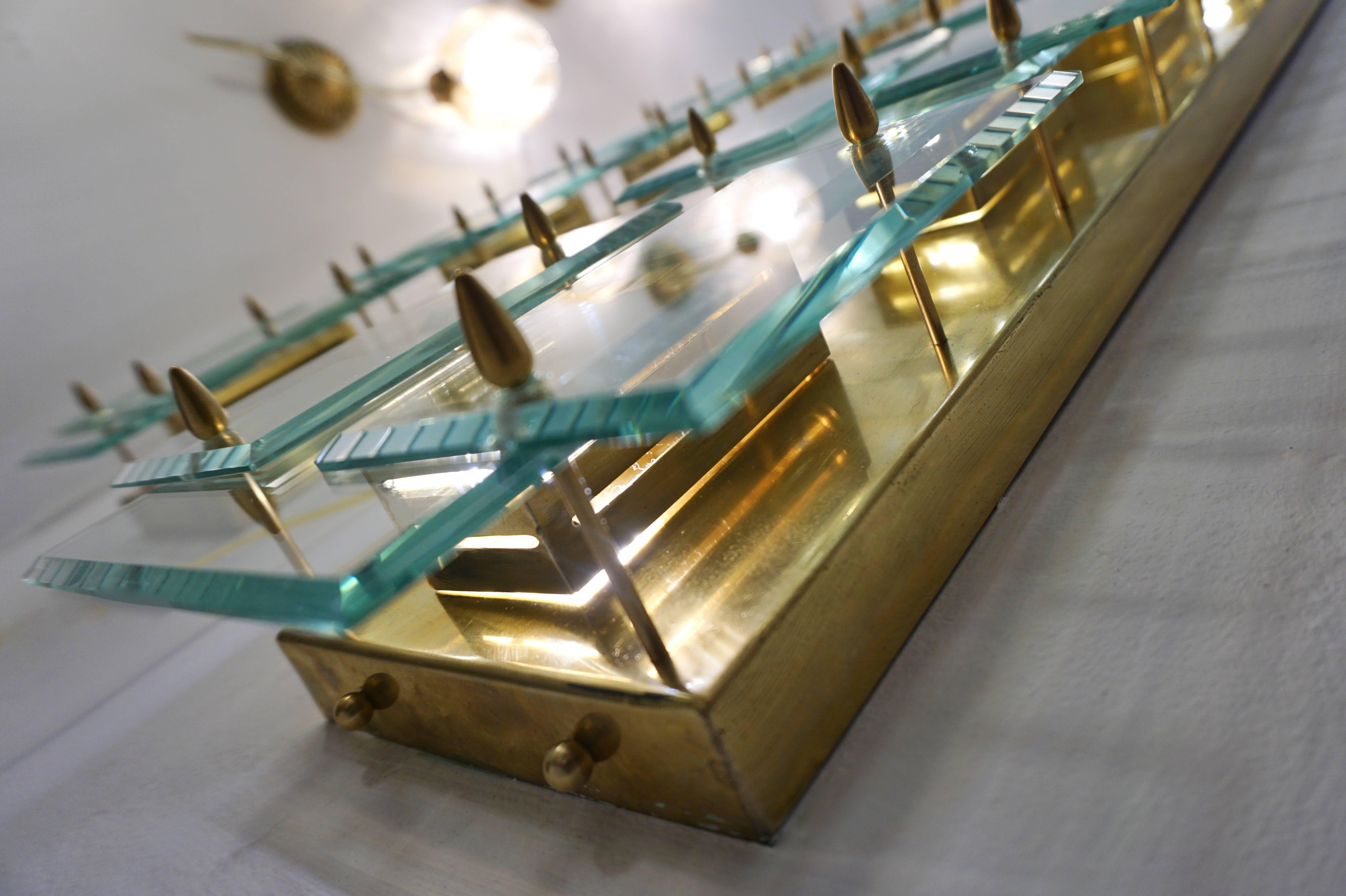 1980s Italian Pair of Modern Aqua Tint Glass Gold Brass Tall Sconces/Flushmounts In Excellent Condition In New York, NY