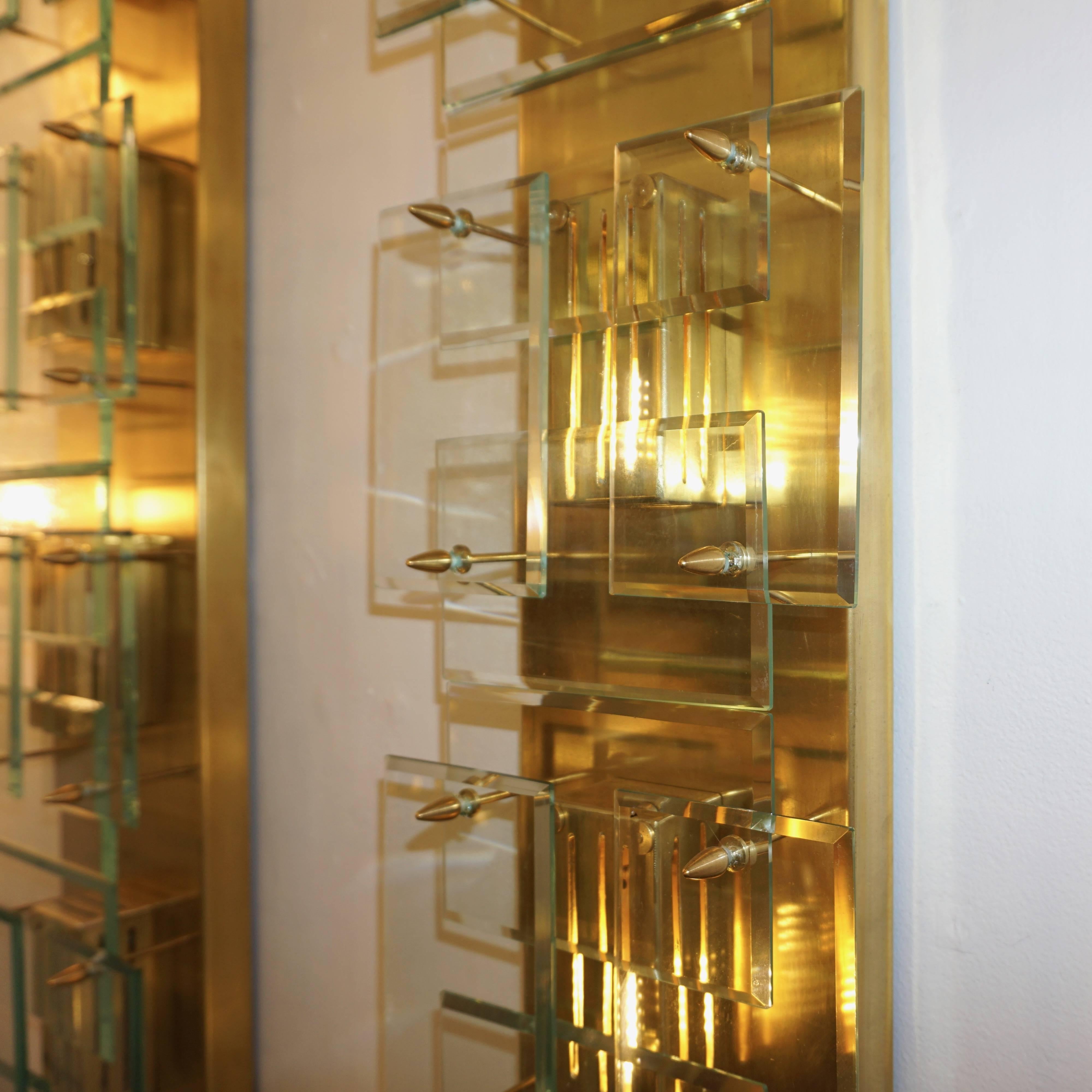 Late 20th Century 1980s Italian Pair of Modern Aqua Tint Glass Gold Brass Tall Sconces/Flushmounts