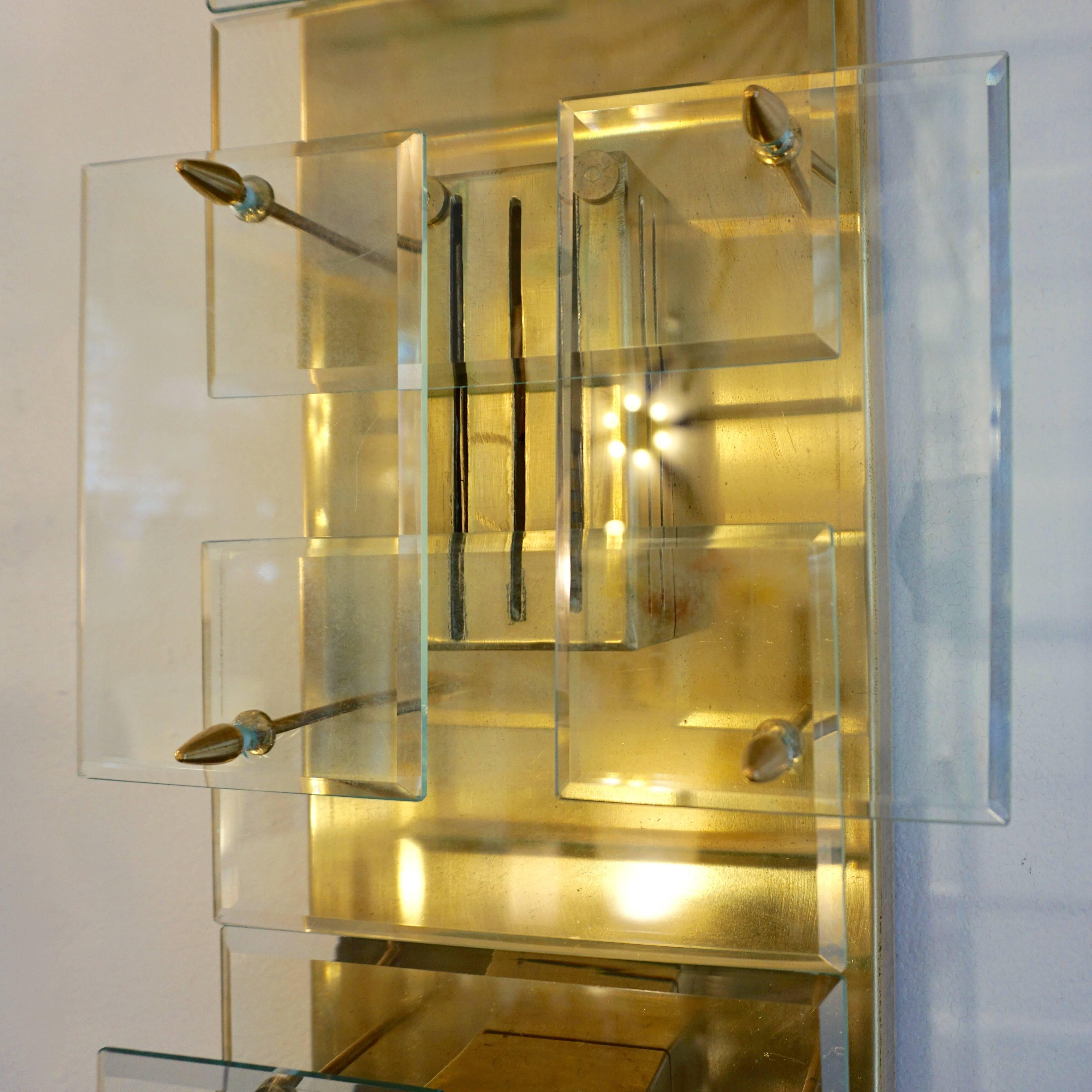 1980s Italian Pair of Modern Aqua Tint Glass Gold Brass Tall Sconces/Flushmounts 4