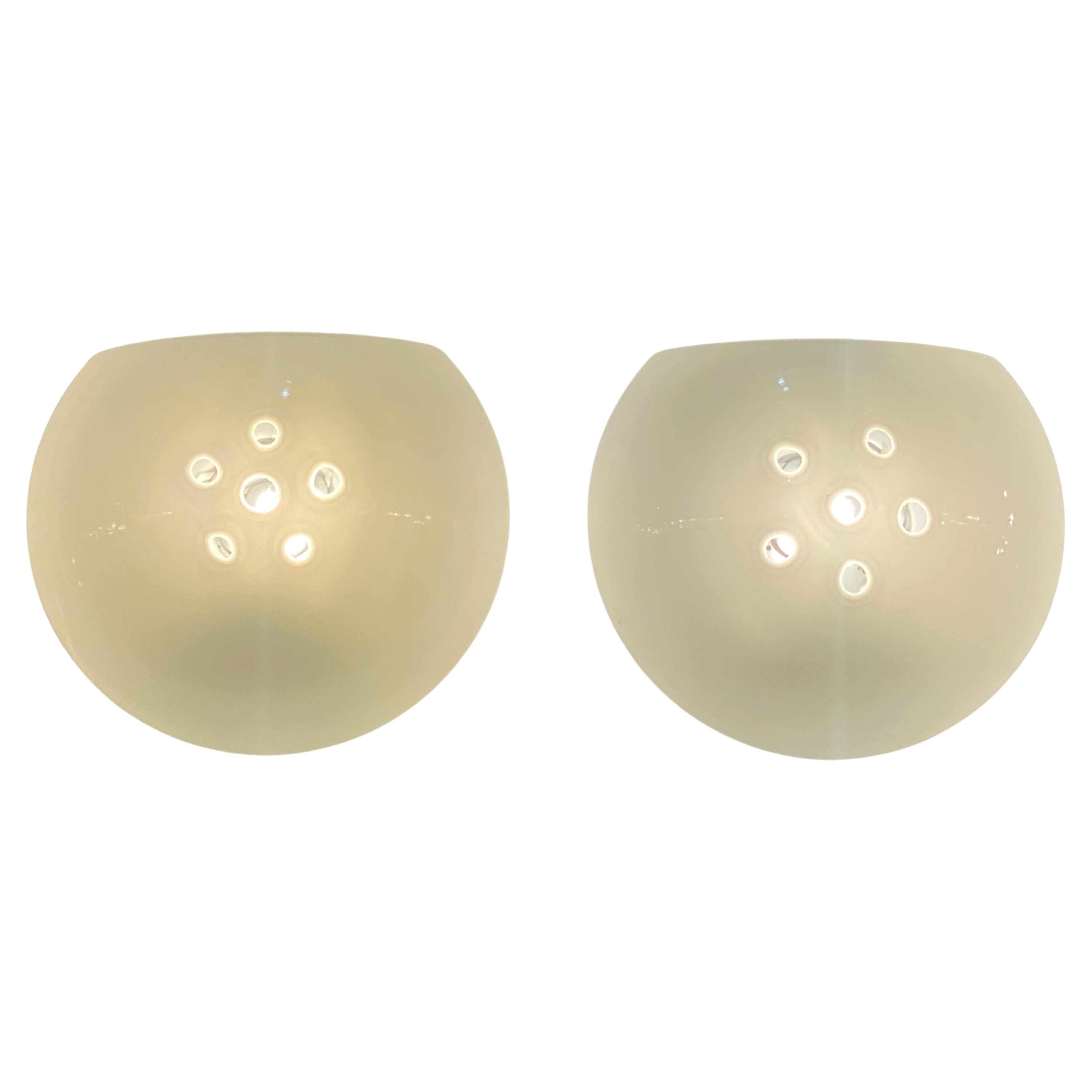 1980s Italian Pair Round Murano Glass Sconces White Color For Sale
