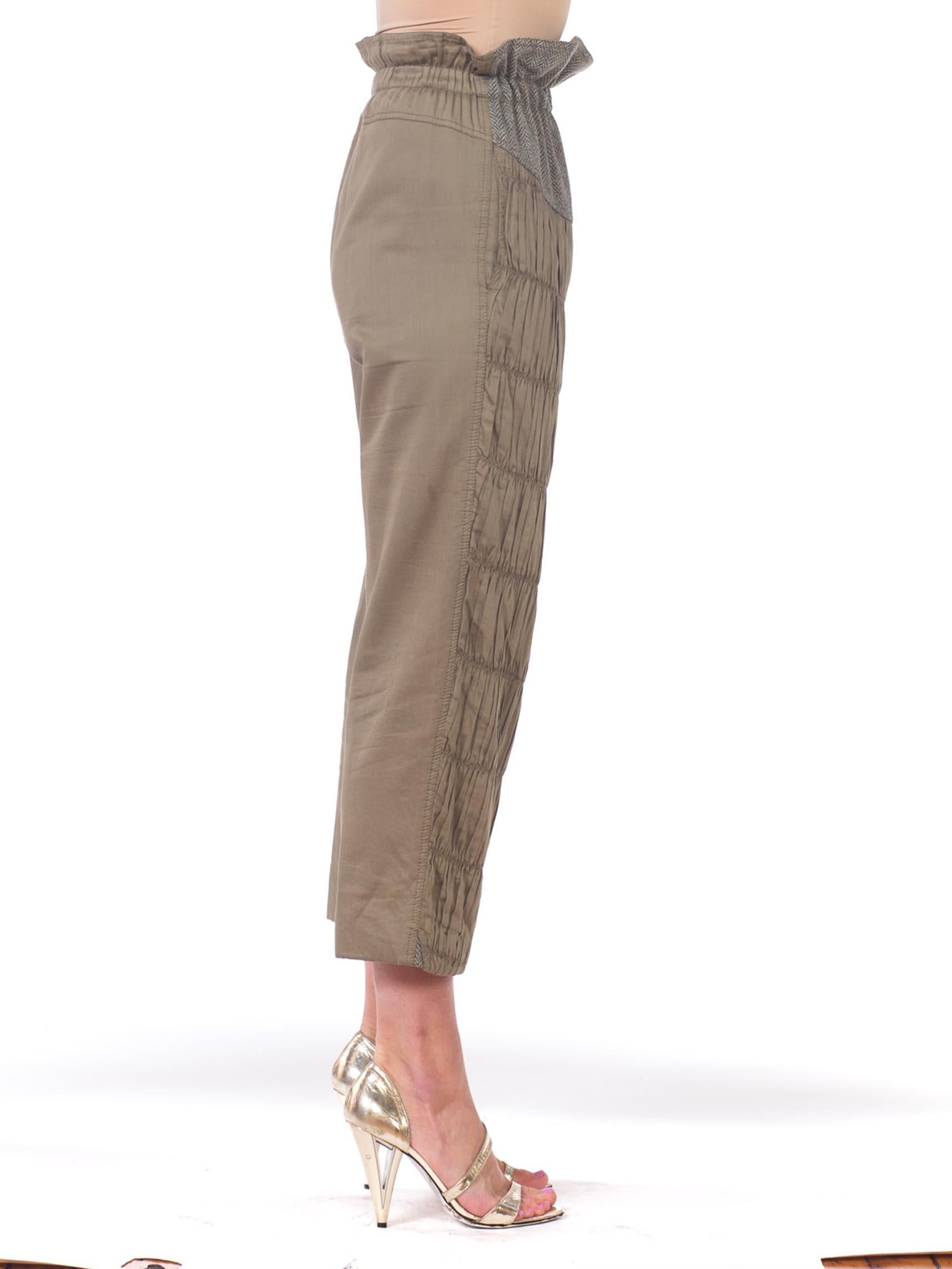 1980S Olive Grey Cotton & Wool Paperbag Waist Pants From Italy In Good Condition In New York, NY