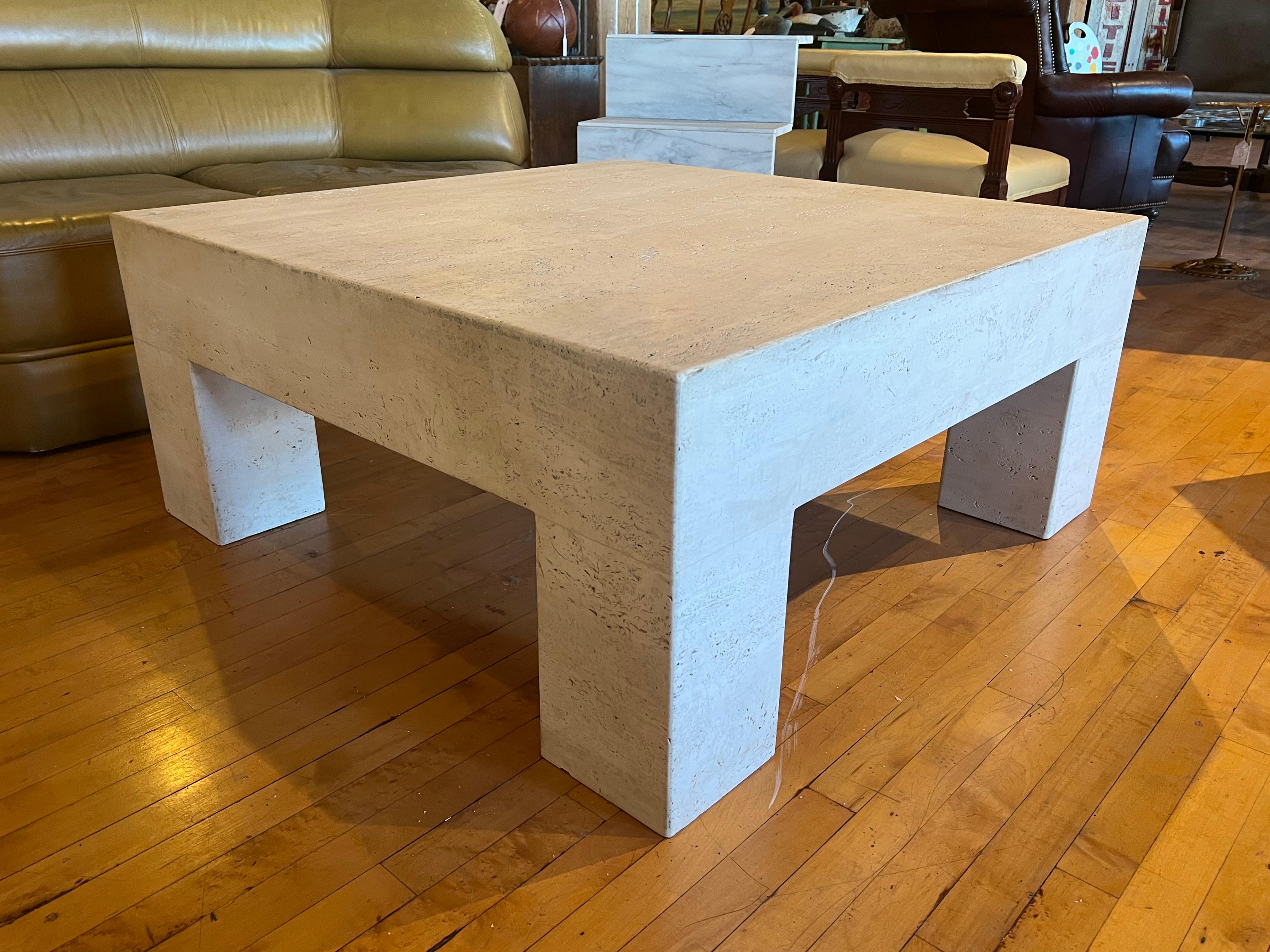 Post-Modern 1980’s Italian Parsons Travertine Coffee Table For Sale