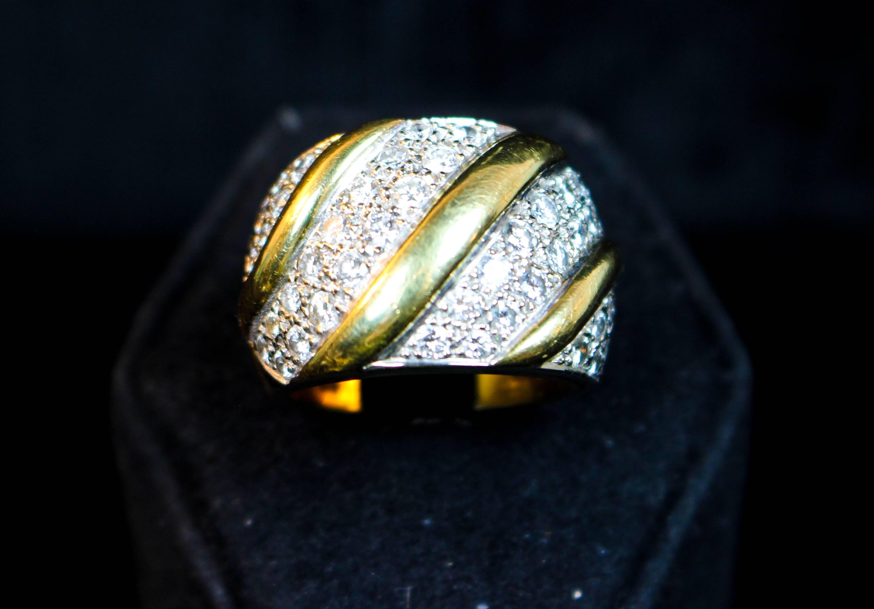 Brilliant Cut 1980s Italian Pave Diamond in 18K yellow and white gold Ring For Sale