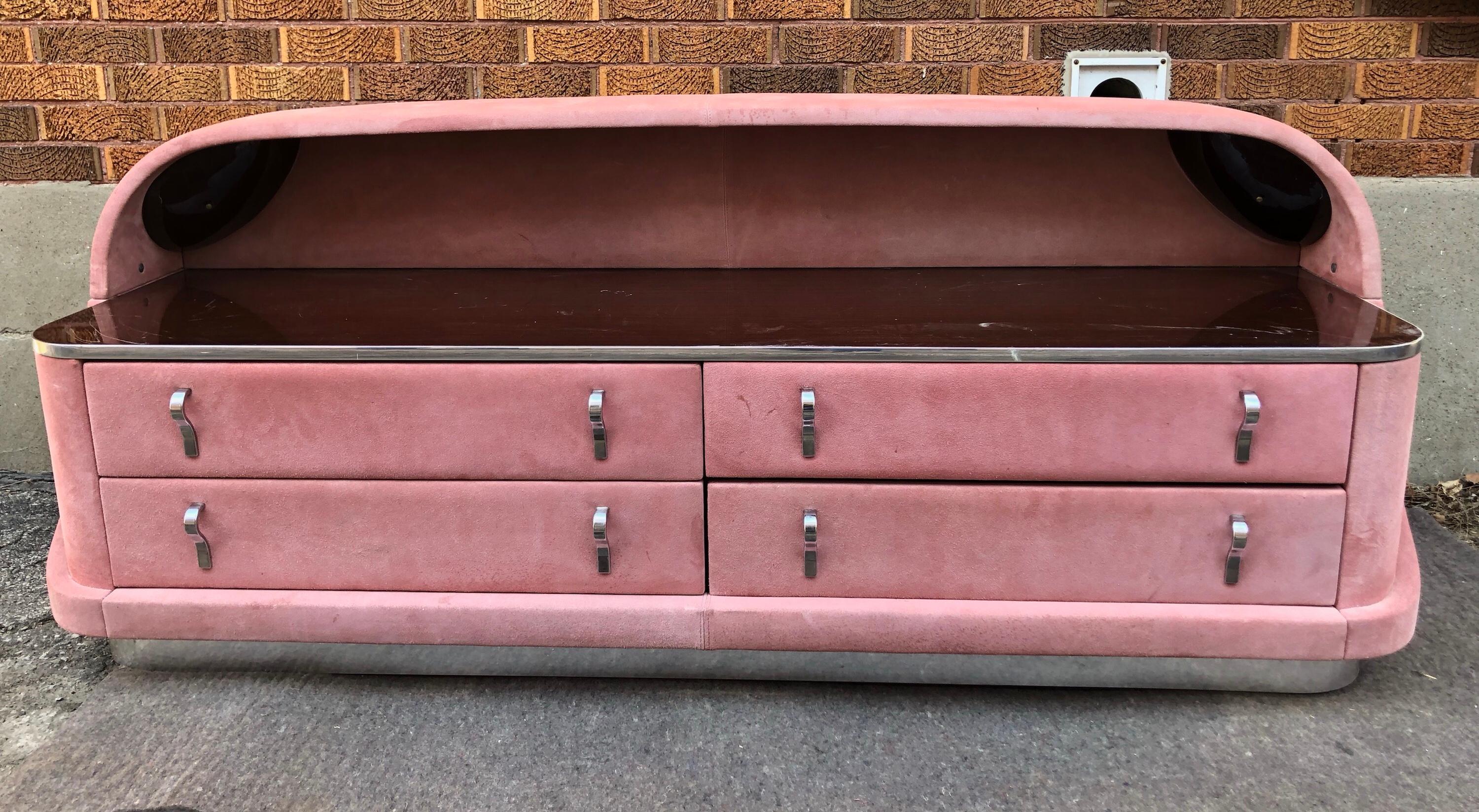 1980s Italian Pink Suede Rosewood Laminate And Chrome Dresser For
