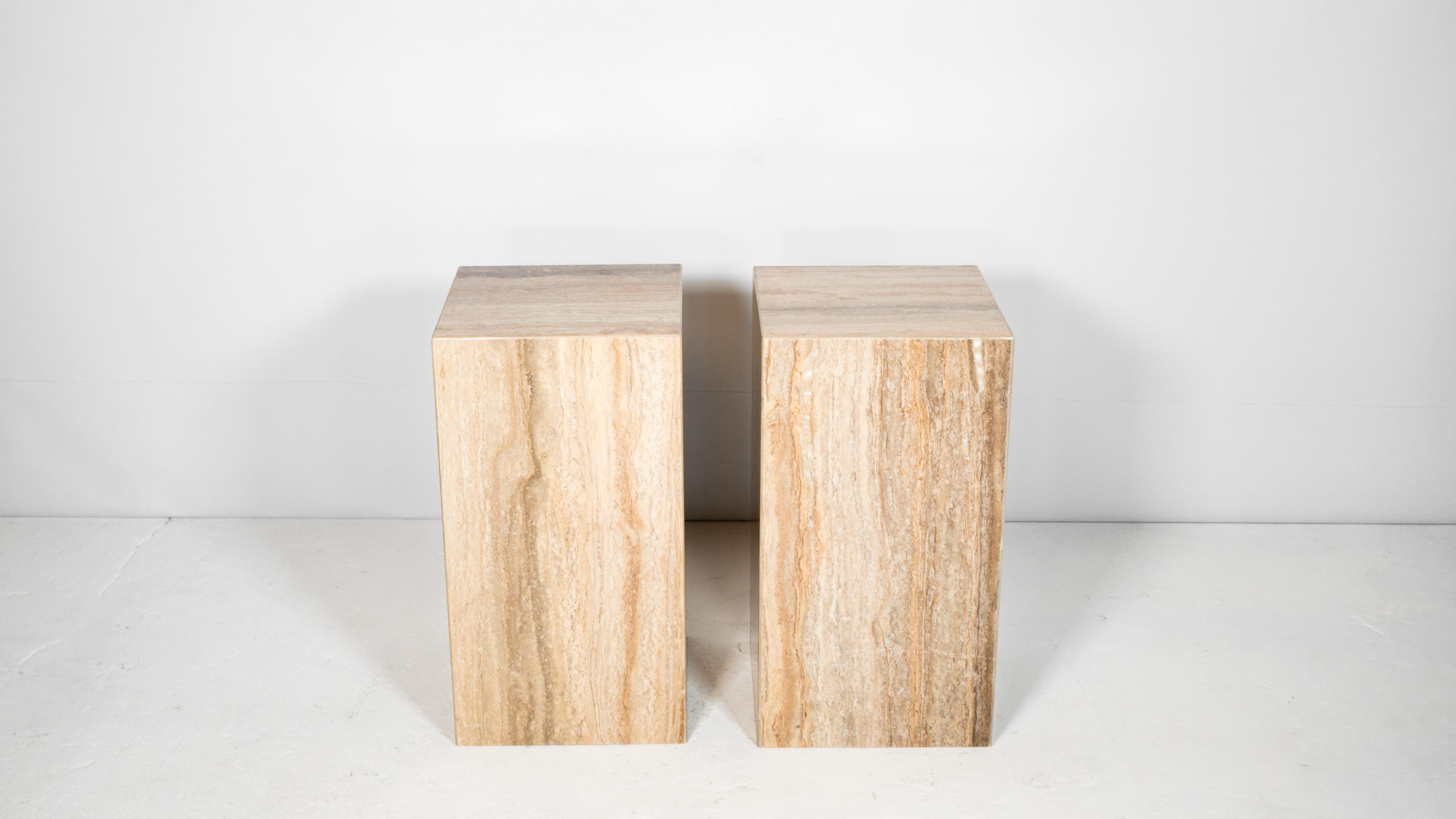1980s Italian Polished Travertine Tower Cube Side Tables - a Pair For Sale 5