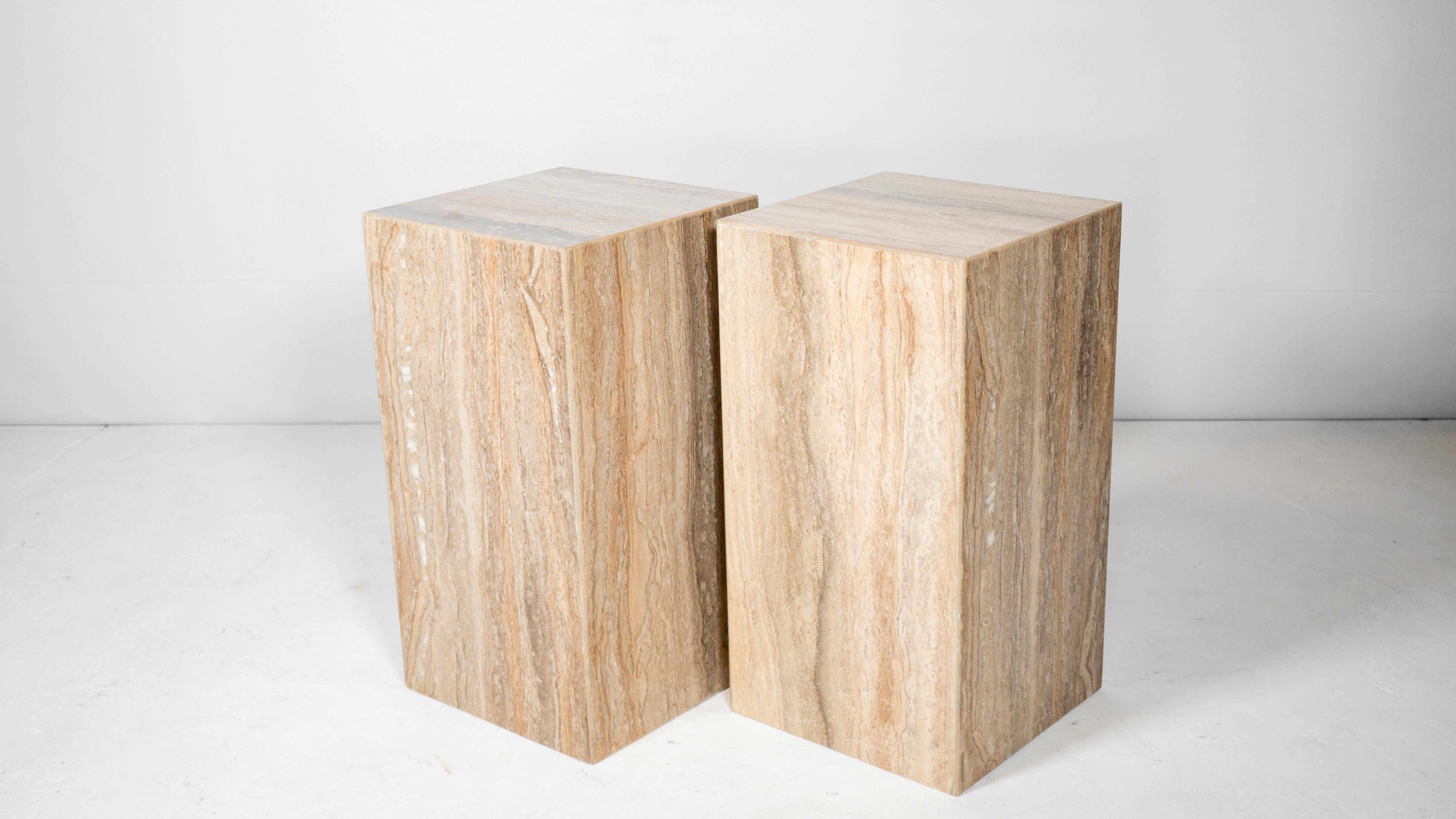 1980s Italian Polished Travertine Tower Cube Side Tables - a Pair For Sale 7
