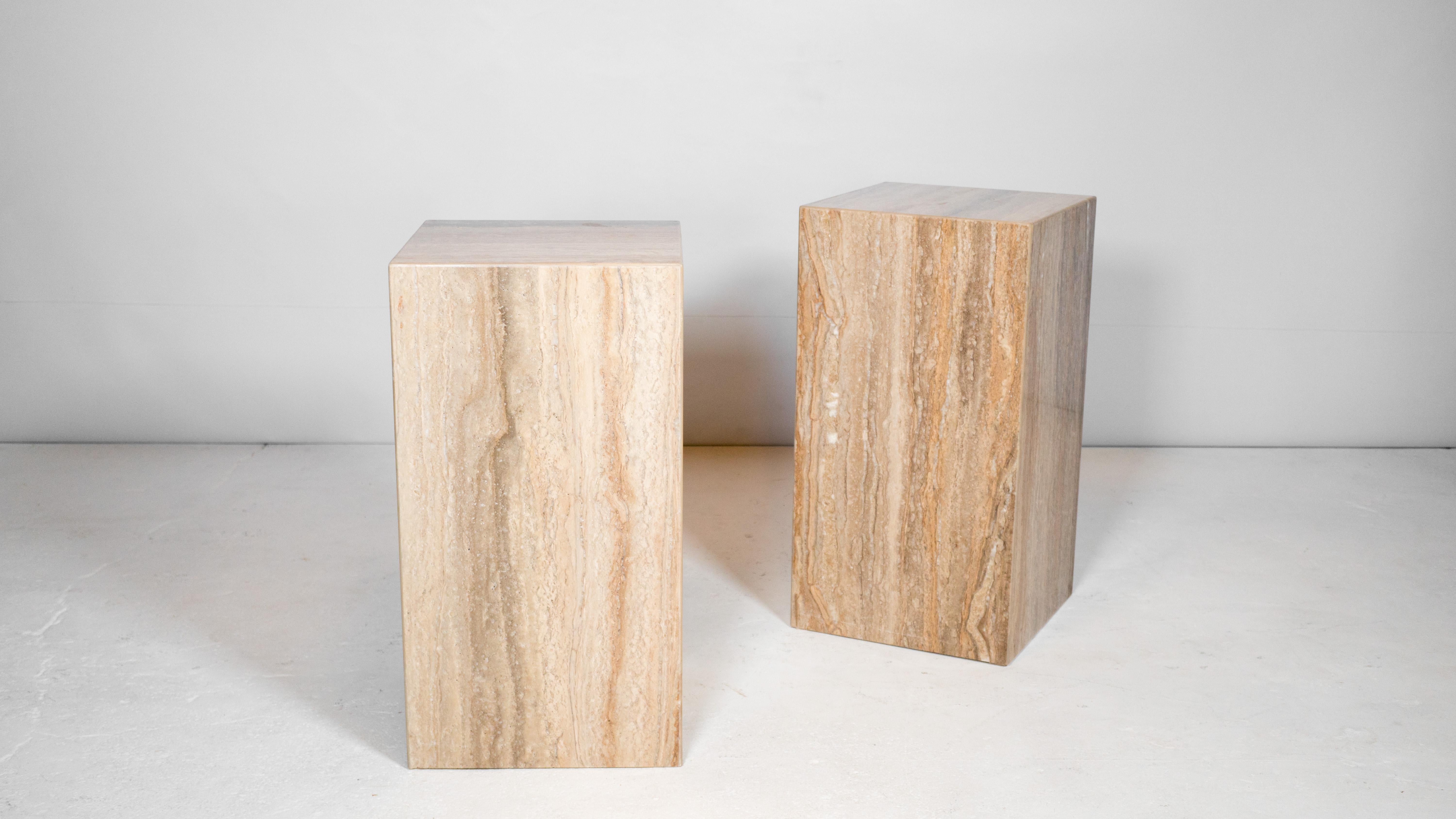 Late 20th Century 1980s Italian Polished Travertine Tower Cube Side Tables - a Pair For Sale