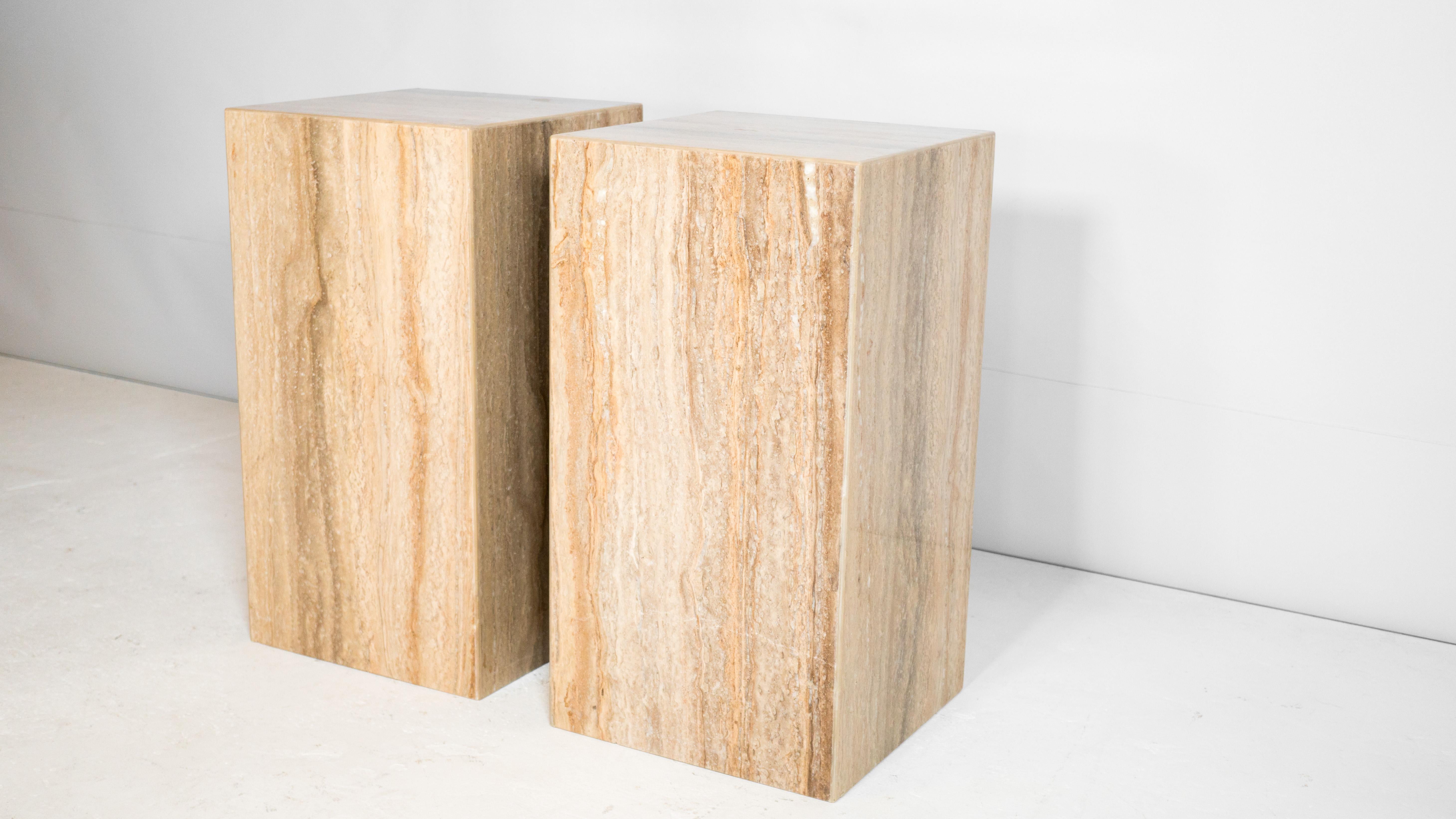 1980s Italian Polished Travertine Tower Cube Side Tables - a Pair For Sale 1