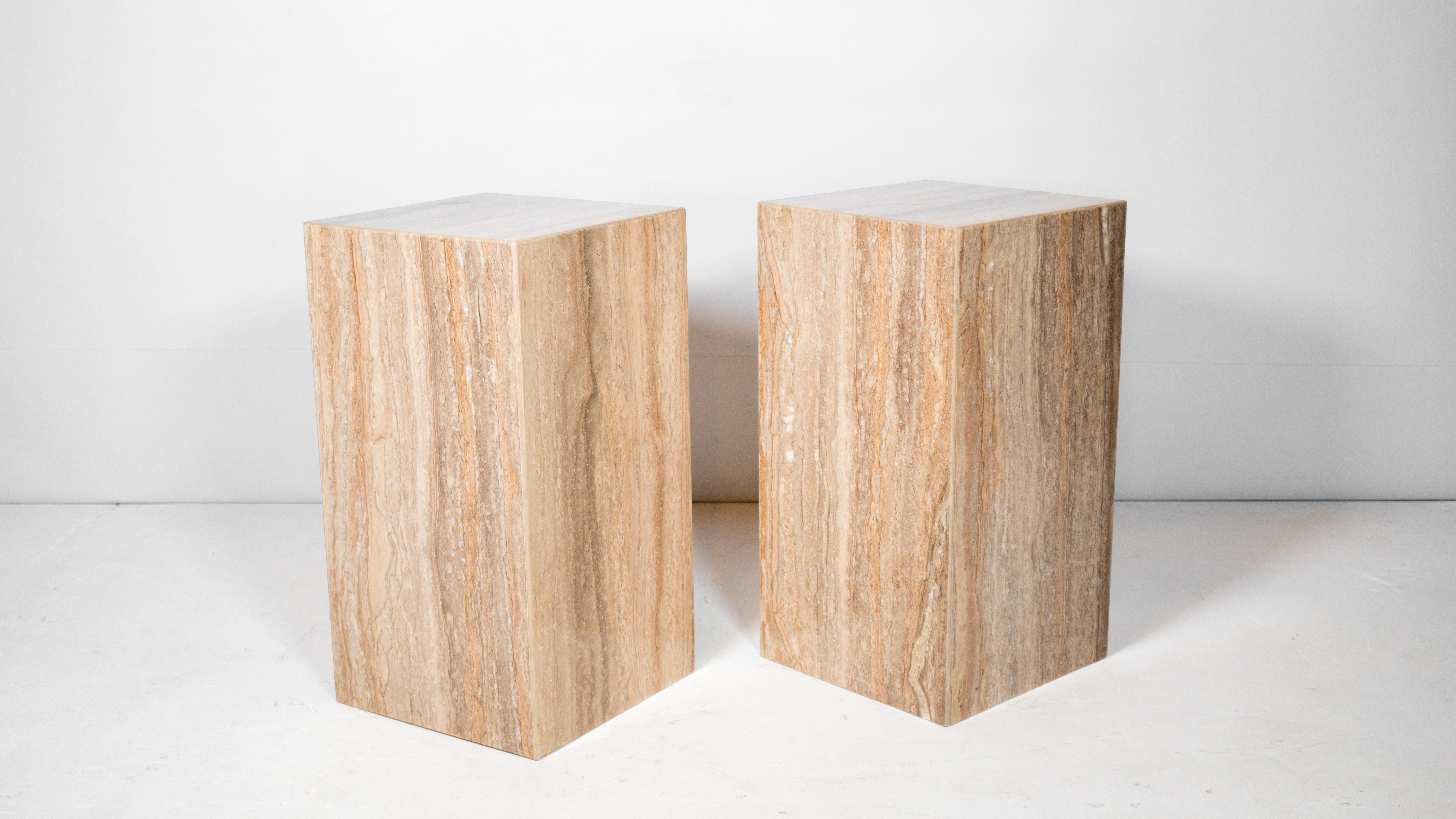1980s Italian Polished Travertine Tower Cube Side Tables - a Pair For Sale 2
