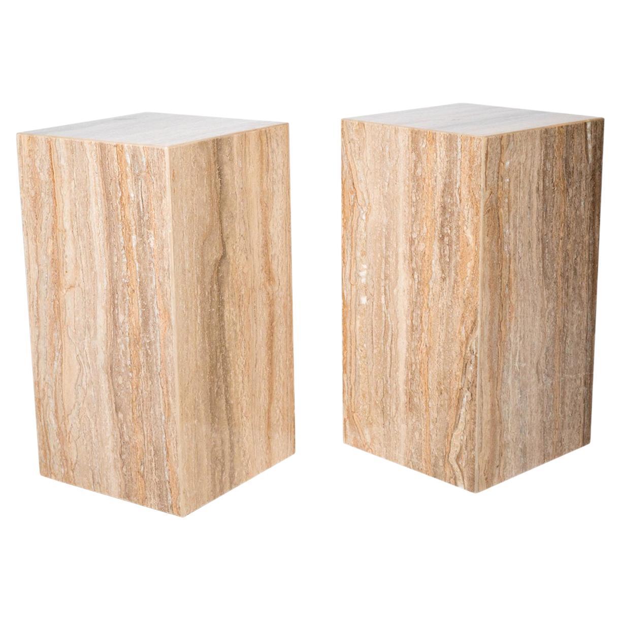 1980s Italian Polished Travertine Tower Cube Side Tables - a Pair