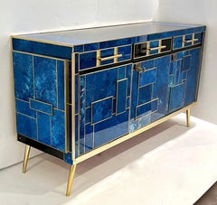 1980s Italian Post Modern Vintage Blue Black Brass 3-Door 3-Drawer Cabinet